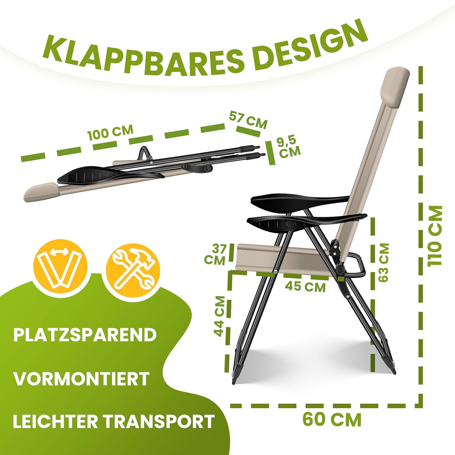 KESSER® 2er Set Gartenstuhl – Hochlehner, verstellbar, Armlehnen, Aluminium