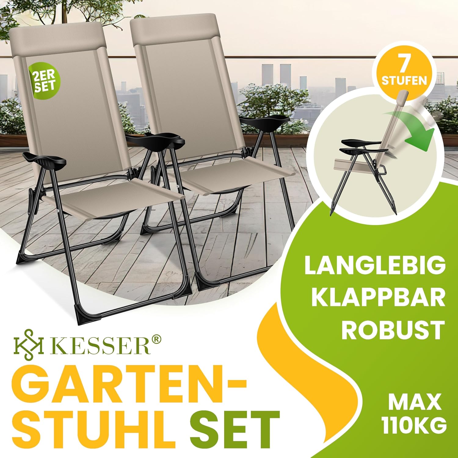 KESSER® 2er Set Gartenstuhl – Hochlehner, verstellbar, Armlehnen, Aluminium