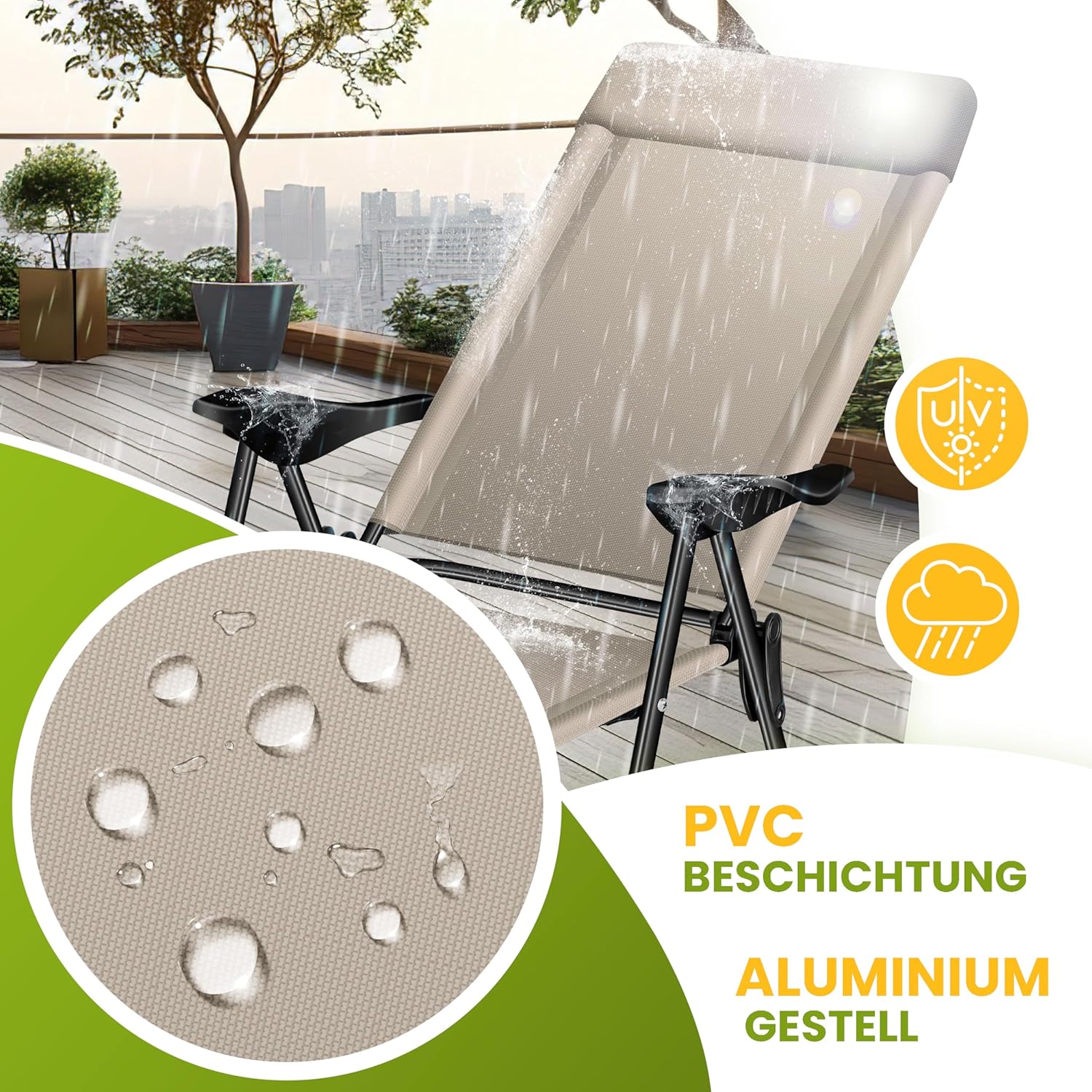 KESSER® 2er Set Gartenstuhl – Hochlehner, verstellbar, Armlehnen, Aluminium