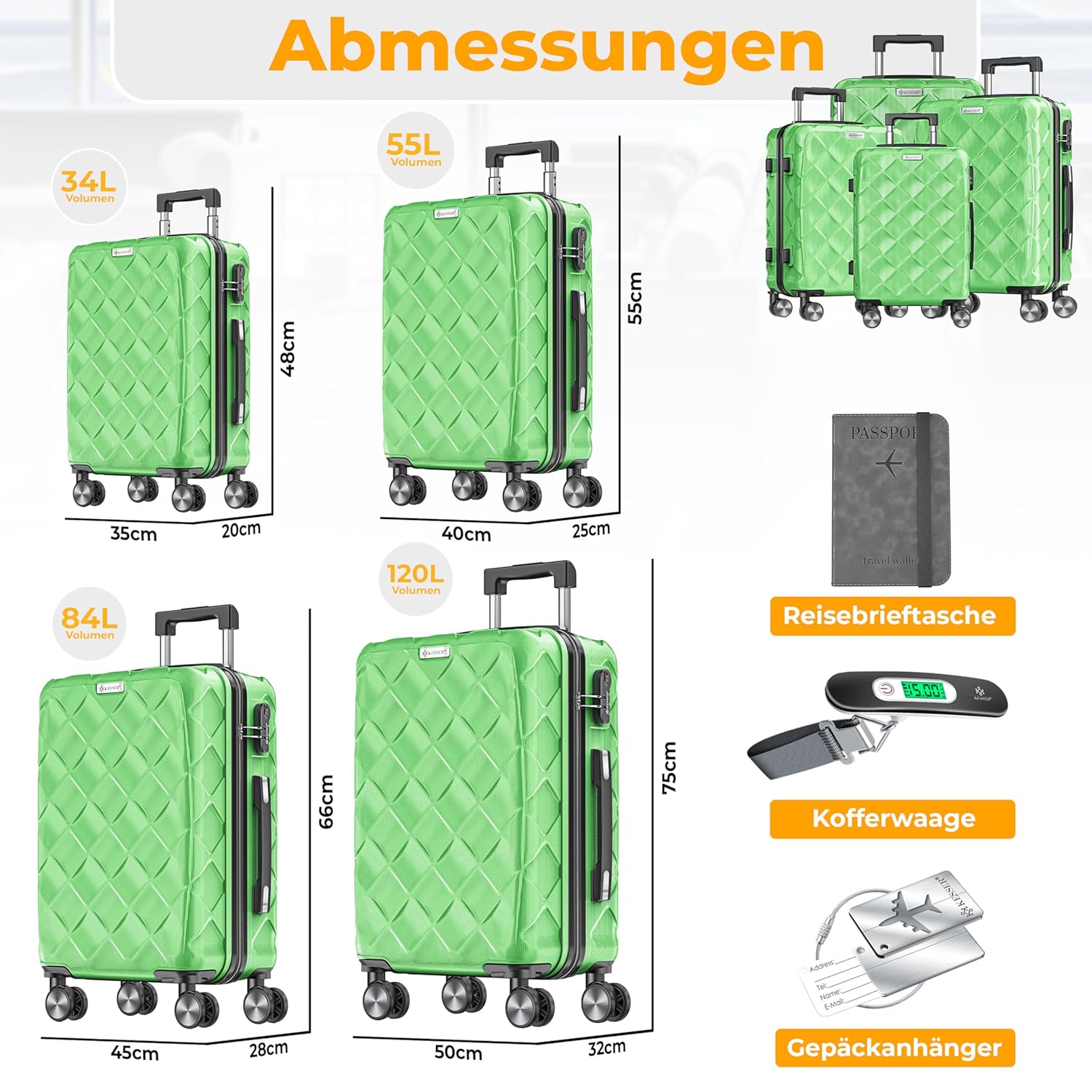 KESSER® 4‑teiliges Reisekoffer‑Set – ABS‑Hartschale, Zahlenschloss, 360°‑Rollen & Kofferwaage
