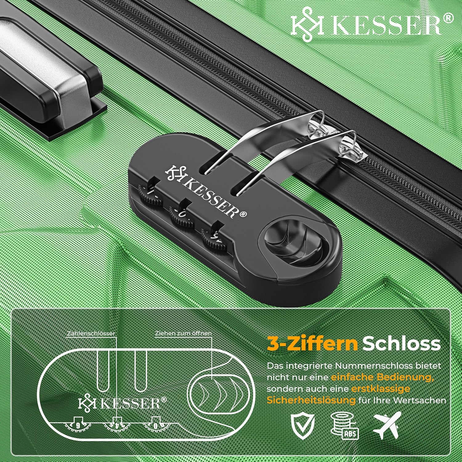 KESSER® 4‑teiliges Reisekoffer‑Set – ABS‑Hartschale, Zahlenschloss, 360°‑Rollen & Kofferwaage