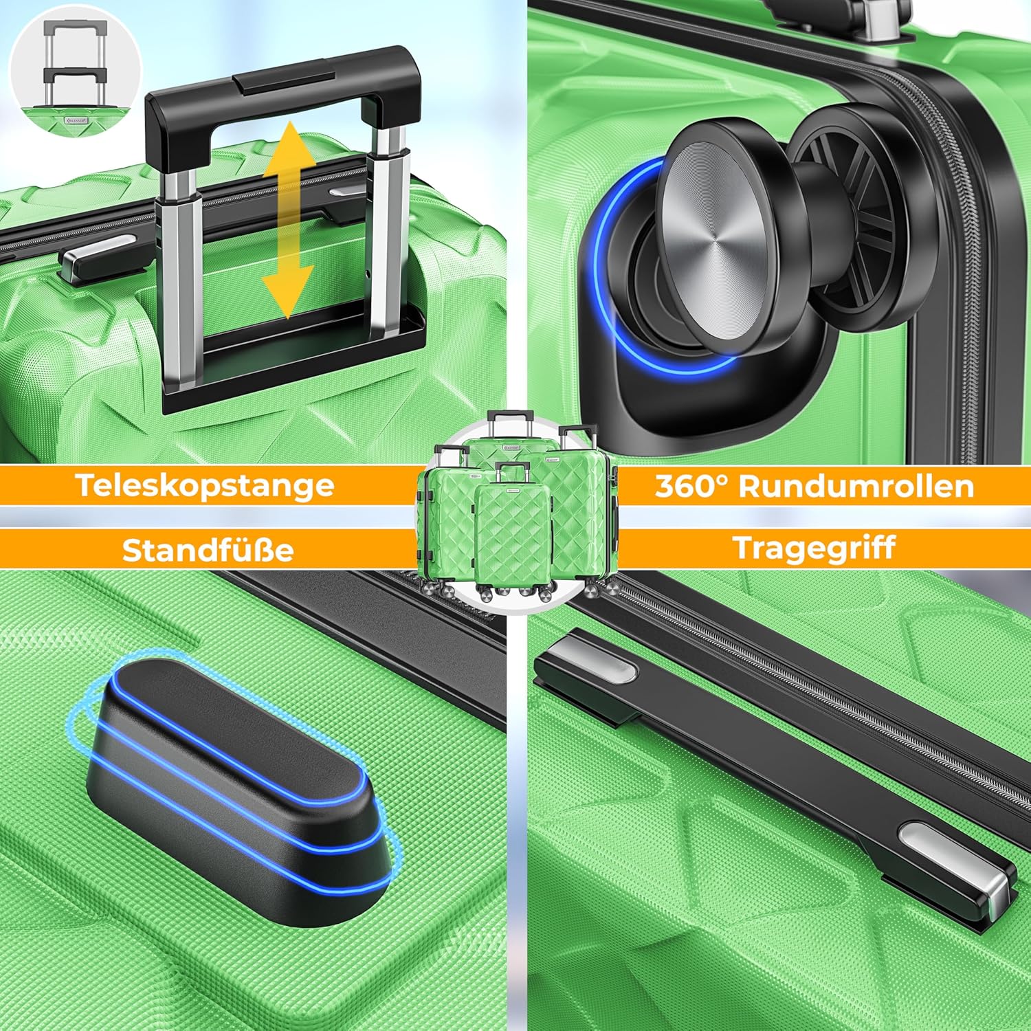 KESSER® 4‑teiliges Reisekoffer‑Set – ABS‑Hartschale, Zahlenschloss, 360°‑Rollen & Kofferwaage