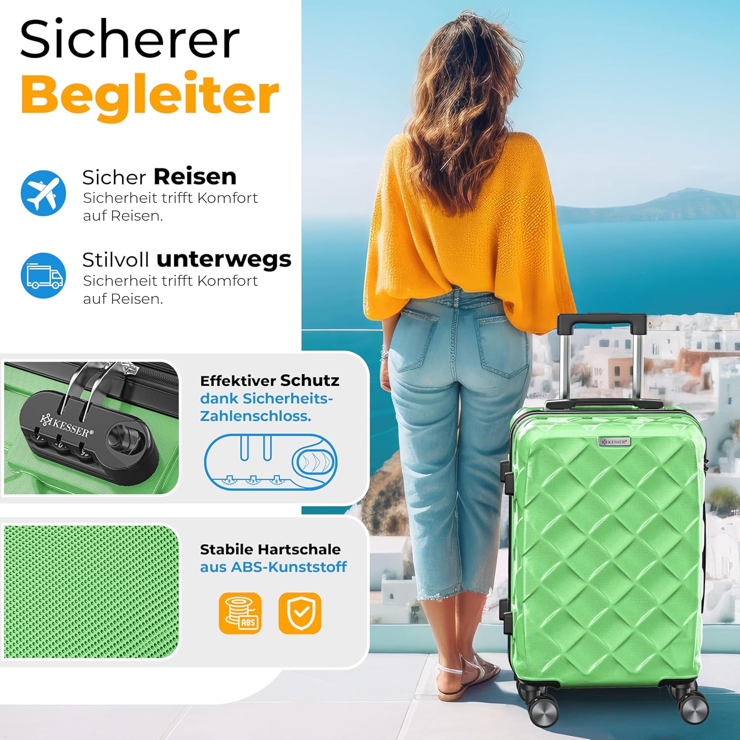 KESSER® 4‑teiliges Reisekoffer‑Set – ABS‑Hartschale, Zahlenschloss, 360°‑Rollen & Kofferwaage