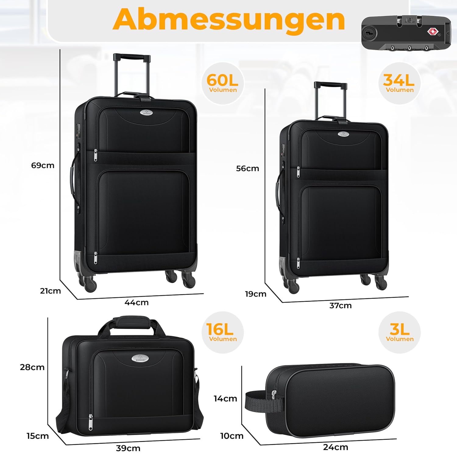 KESSER 4‑Teiliges Trolley‑Kofferset – TSA‑Schloss, 360° Rollen, Teleskopgriff inkl. Kosmetikt