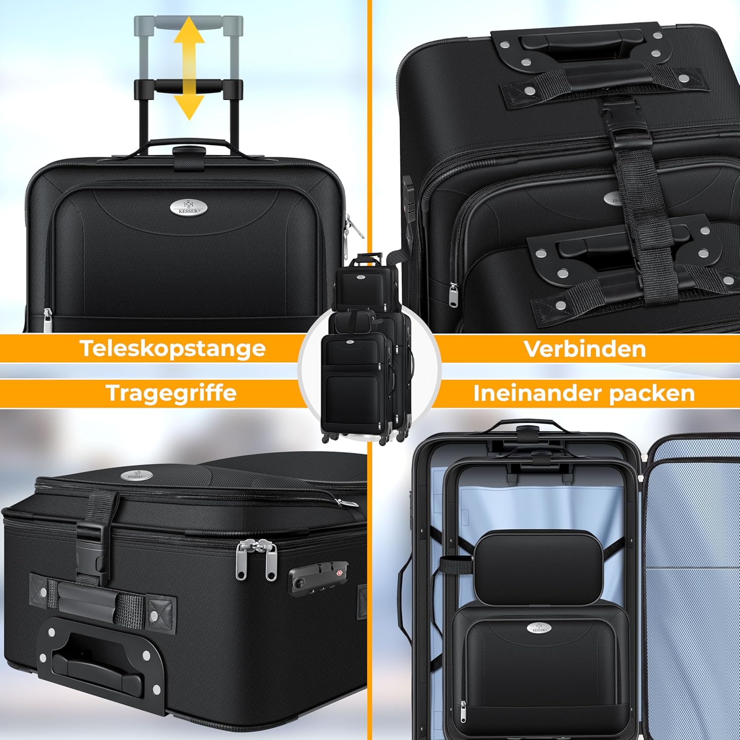 KESSER 4‑Teiliges Trolley‑Kofferset – TSA‑Schloss, 360° Rollen, Teleskopgriff inkl. Kosmetikt