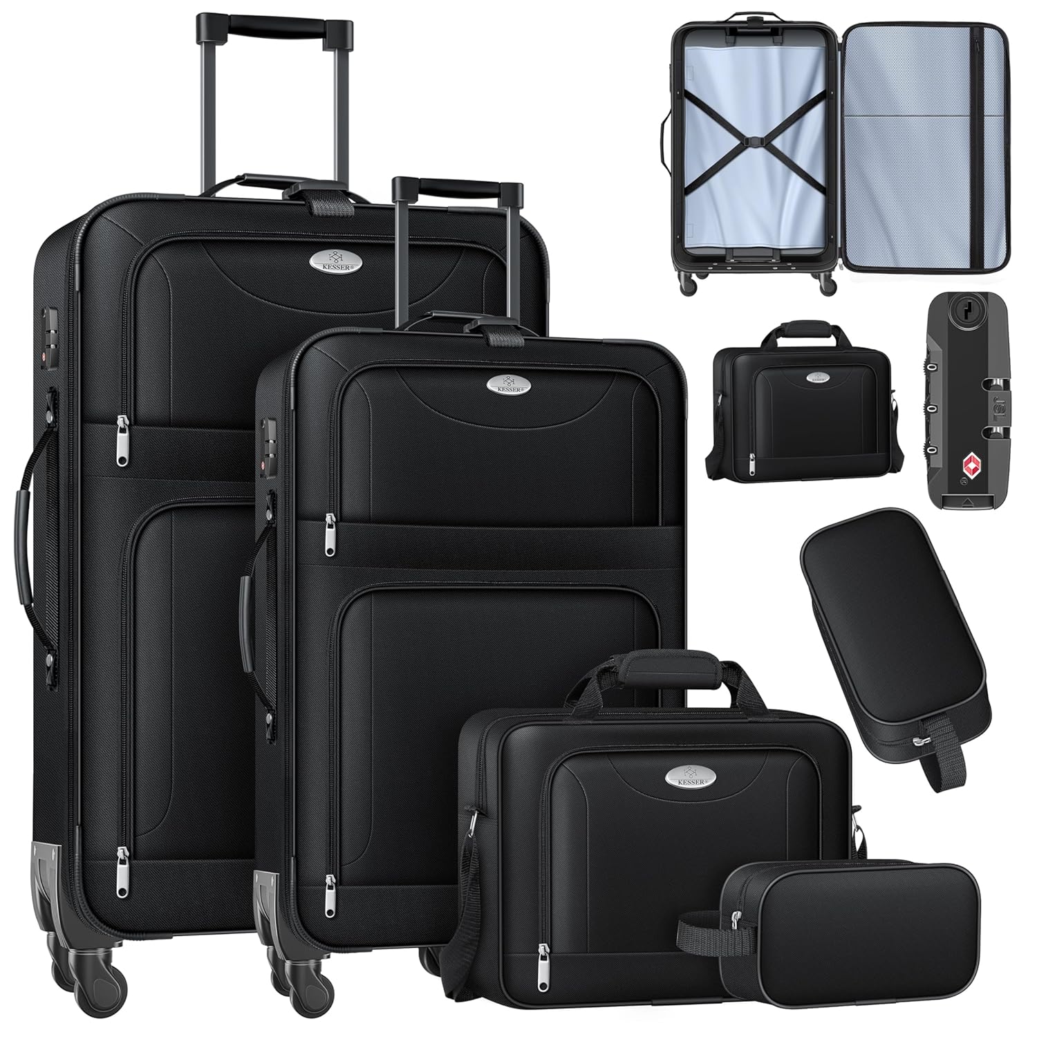 KESSER 4‑Teiliges Trolley‑Kofferset – TSA‑Schloss, 360° Rollen, Teleskopgriff inkl. Kosmetikt