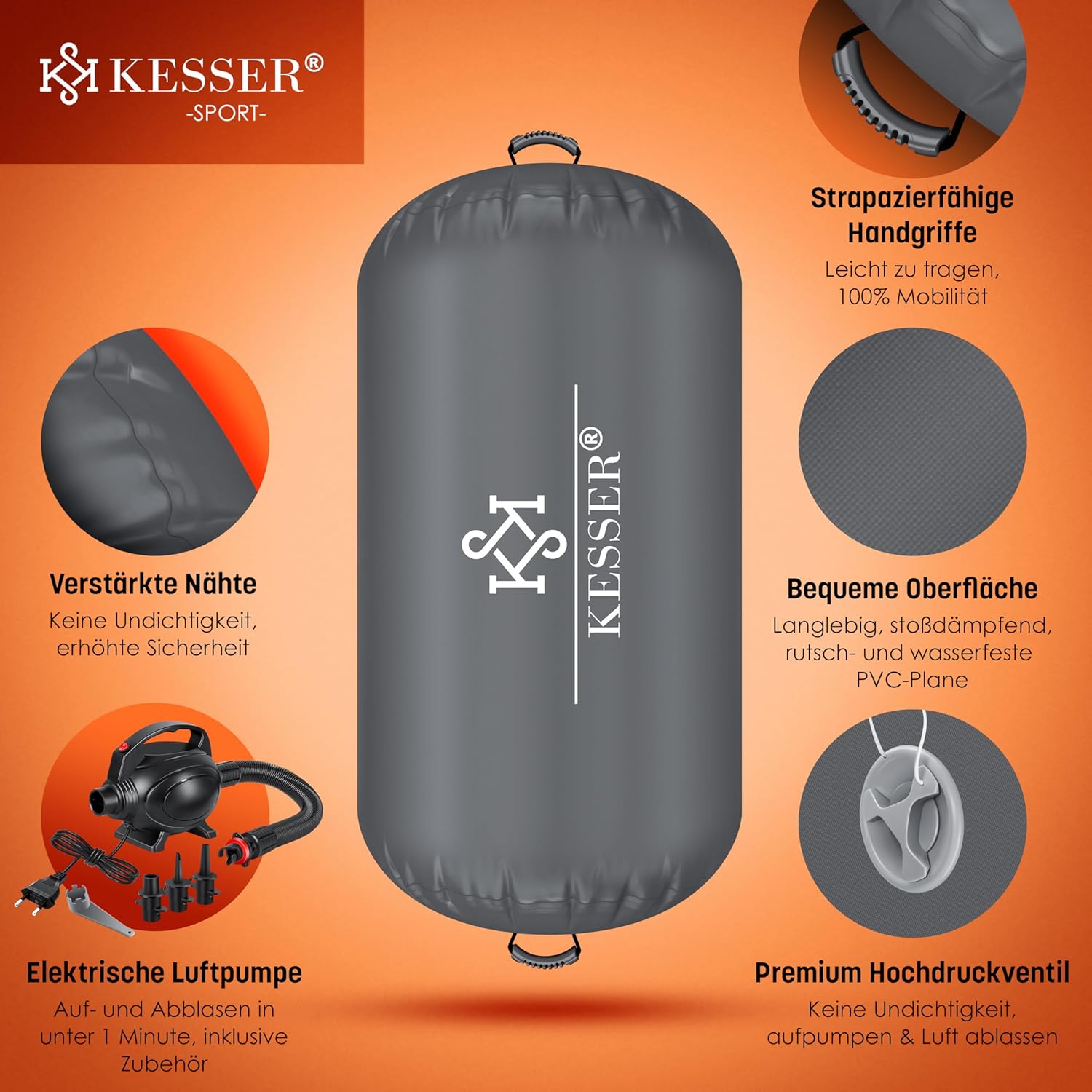 KESSER Airtrack Aufblasbare Trainingsmatte Tragetasche & elektr. Luftpumpe – Barrel‑Tumbling, Yoga