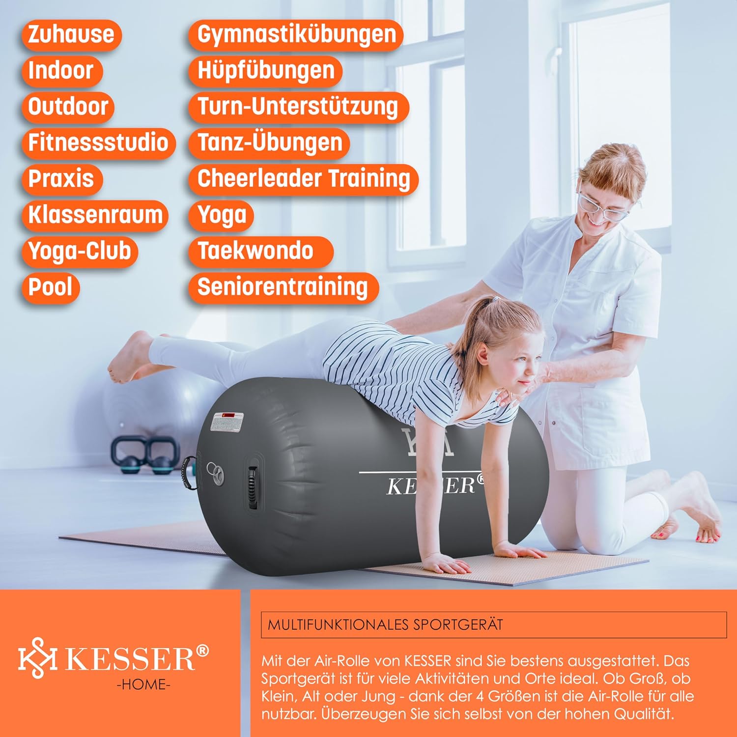 KESSER Airtrack Aufblasbare Trainingsmatte Tragetasche & elektr. Luftpumpe – Barrel‑Tumbling, Yoga