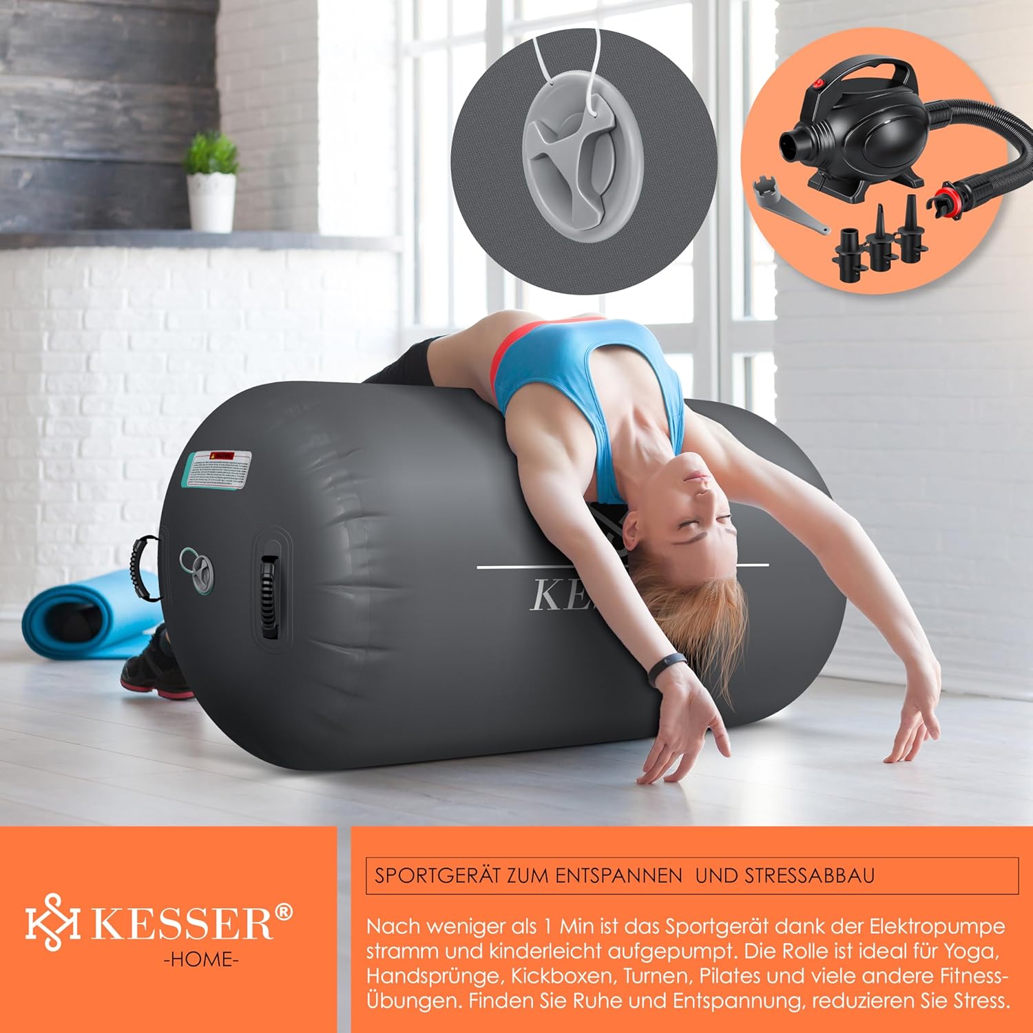 KESSER Airtrack Aufblasbare Trainingsmatte Tragetasche & elektr. Luftpumpe – Barrel‑Tumbling, Yoga