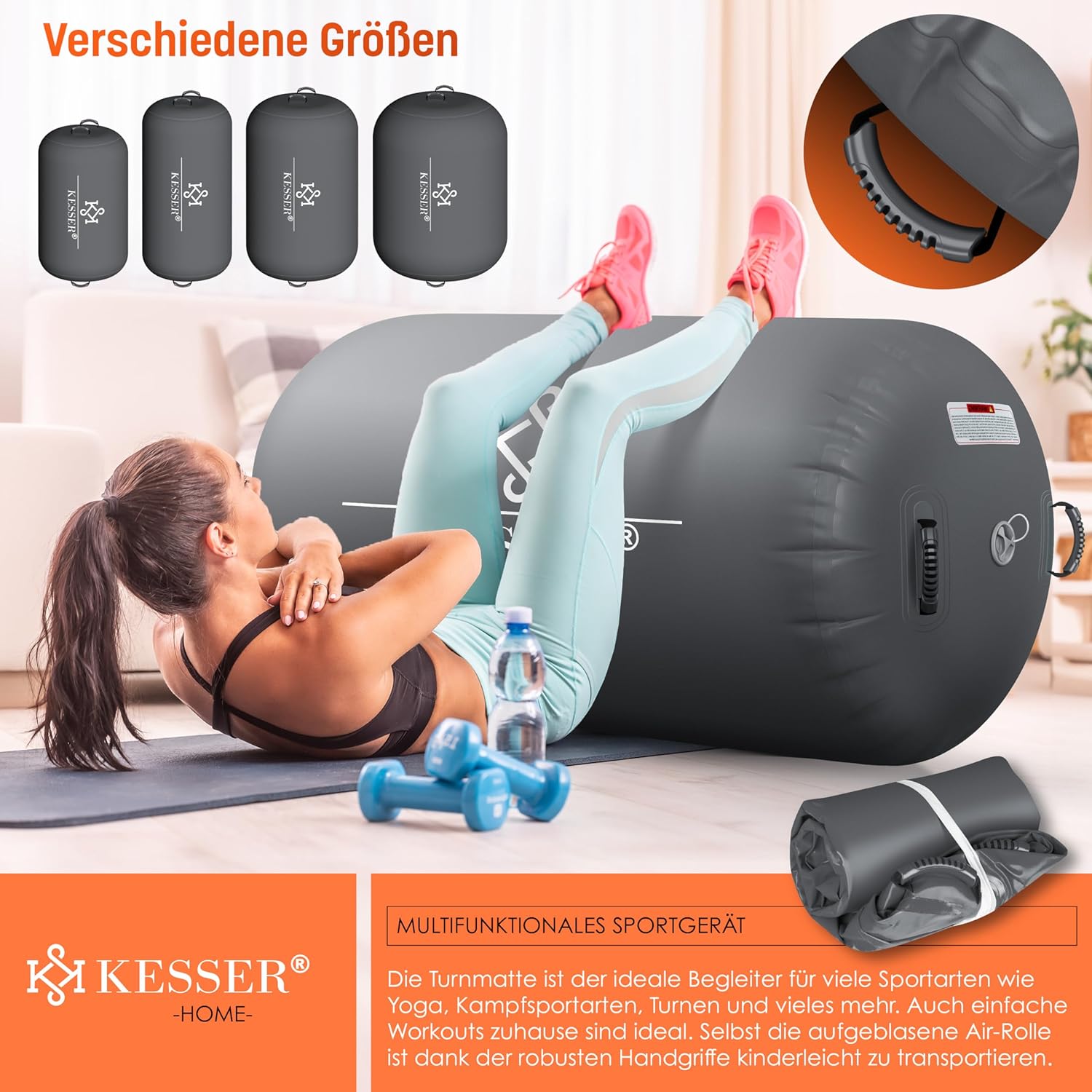 KESSER Airtrack Aufblasbare Trainingsmatte Tragetasche & elektr. Luftpumpe – Barrel‑Tumbling, Yoga