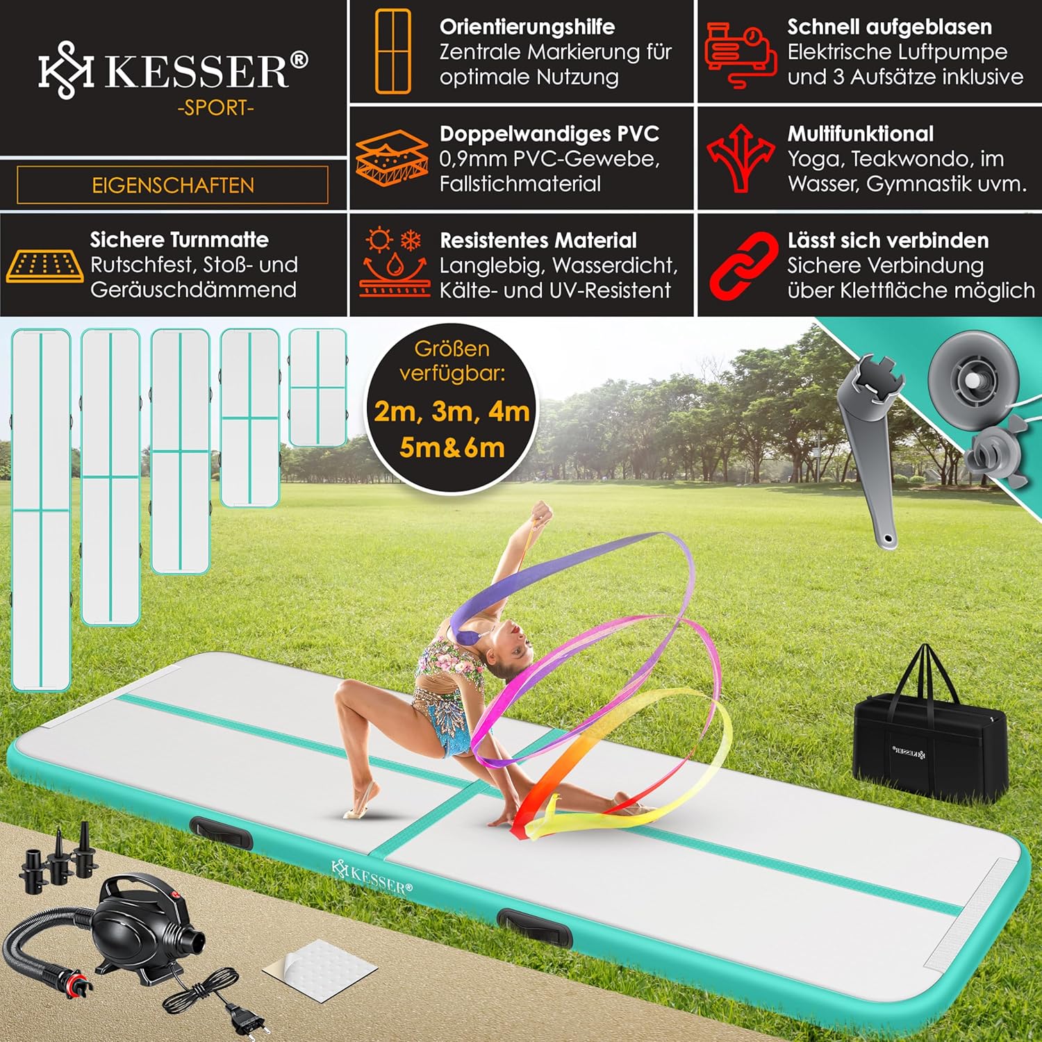 KESSER® Airtrack Turnmatte – Aufblasbare Matte 2‑6 m, inkl. Tragetasche & elektr. Luftpumpe