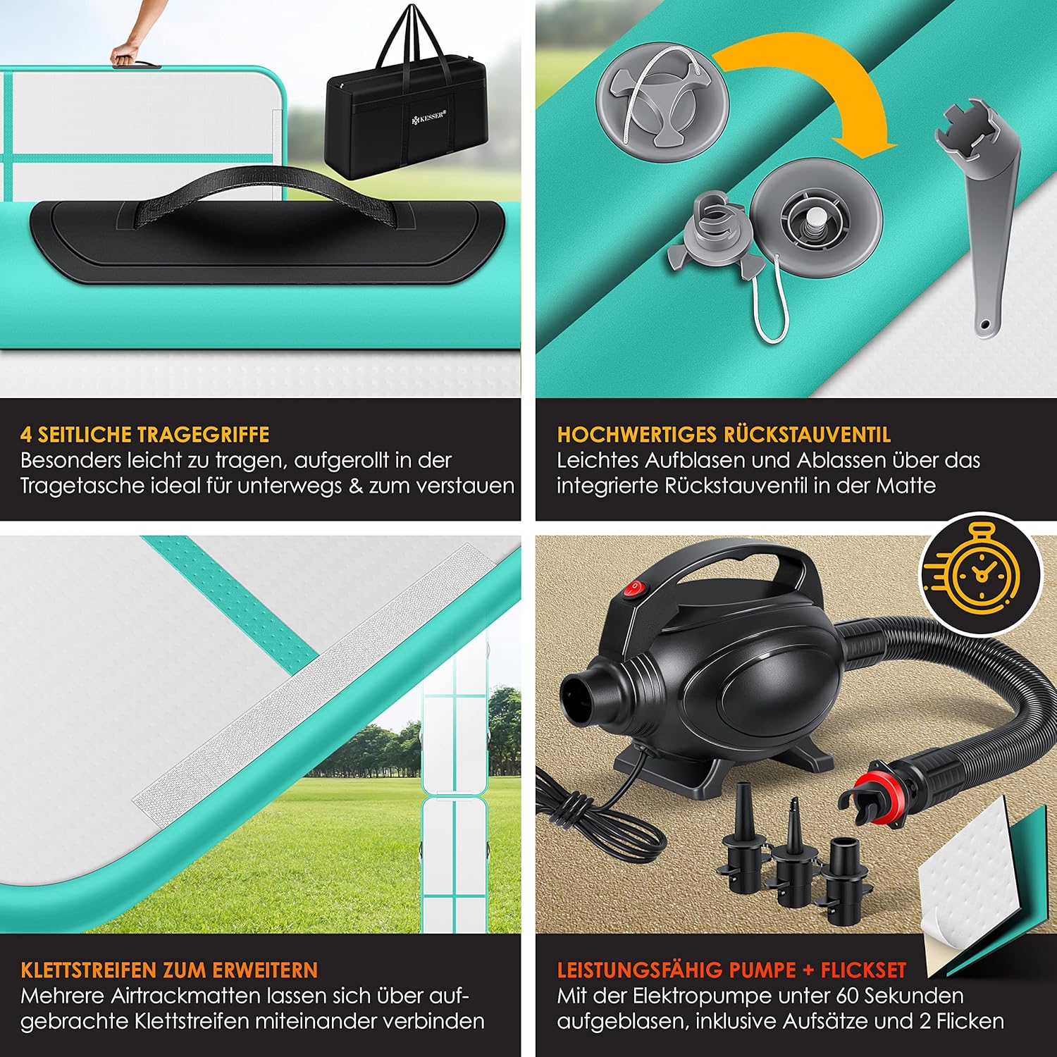 KESSER® Airtrack Turnmatte – Aufblasbare Matte 2‑6 m, inkl. Tragetasche & elektr. Luftpumpe