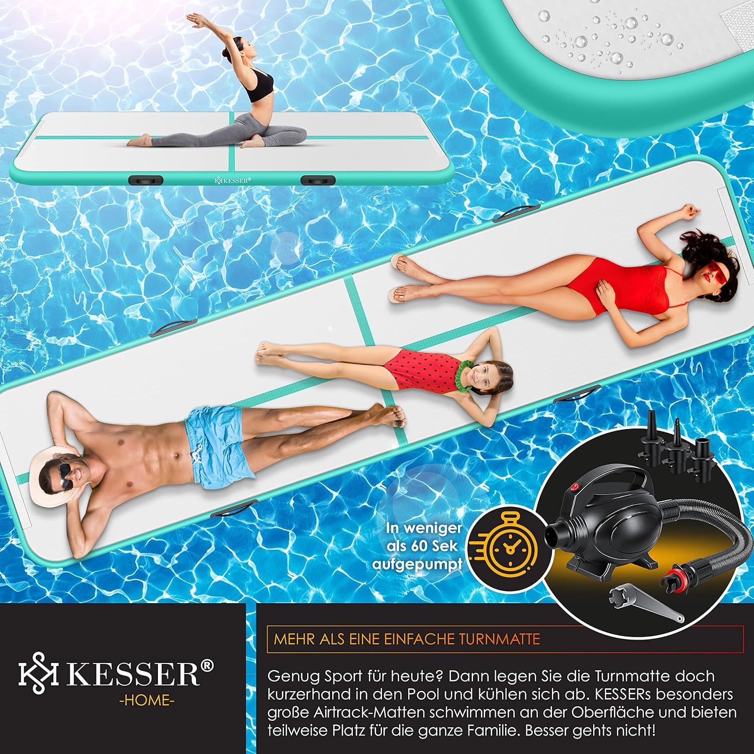 KESSER® Airtrack Turnmatte – Aufblasbare Matte 2‑6 m, inkl. Tragetasche & elektr. Luftpumpe