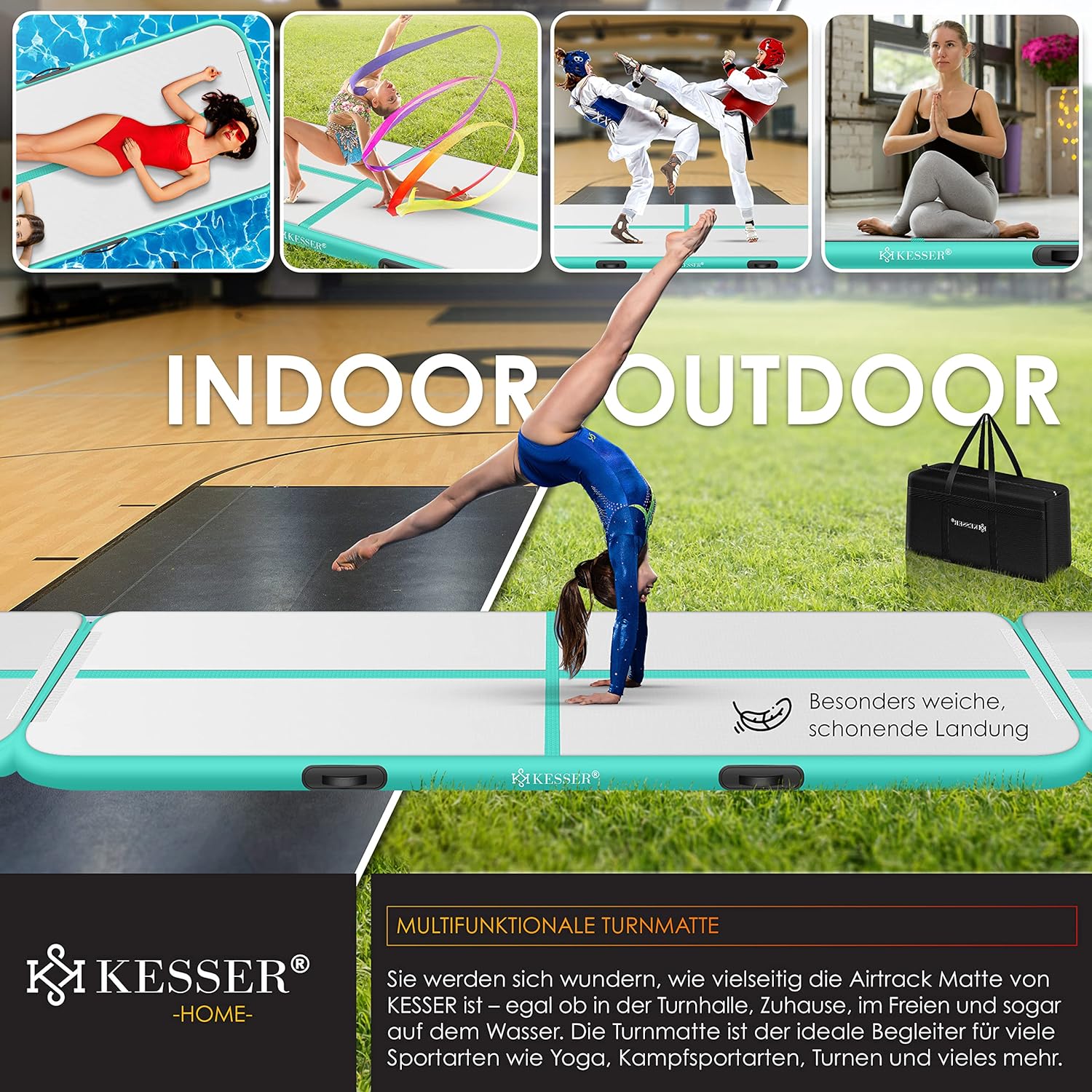KESSER® Airtrack Turnmatte – Aufblasbare Matte 2‑6 m, inkl. Tragetasche & elektr. Luftpumpe