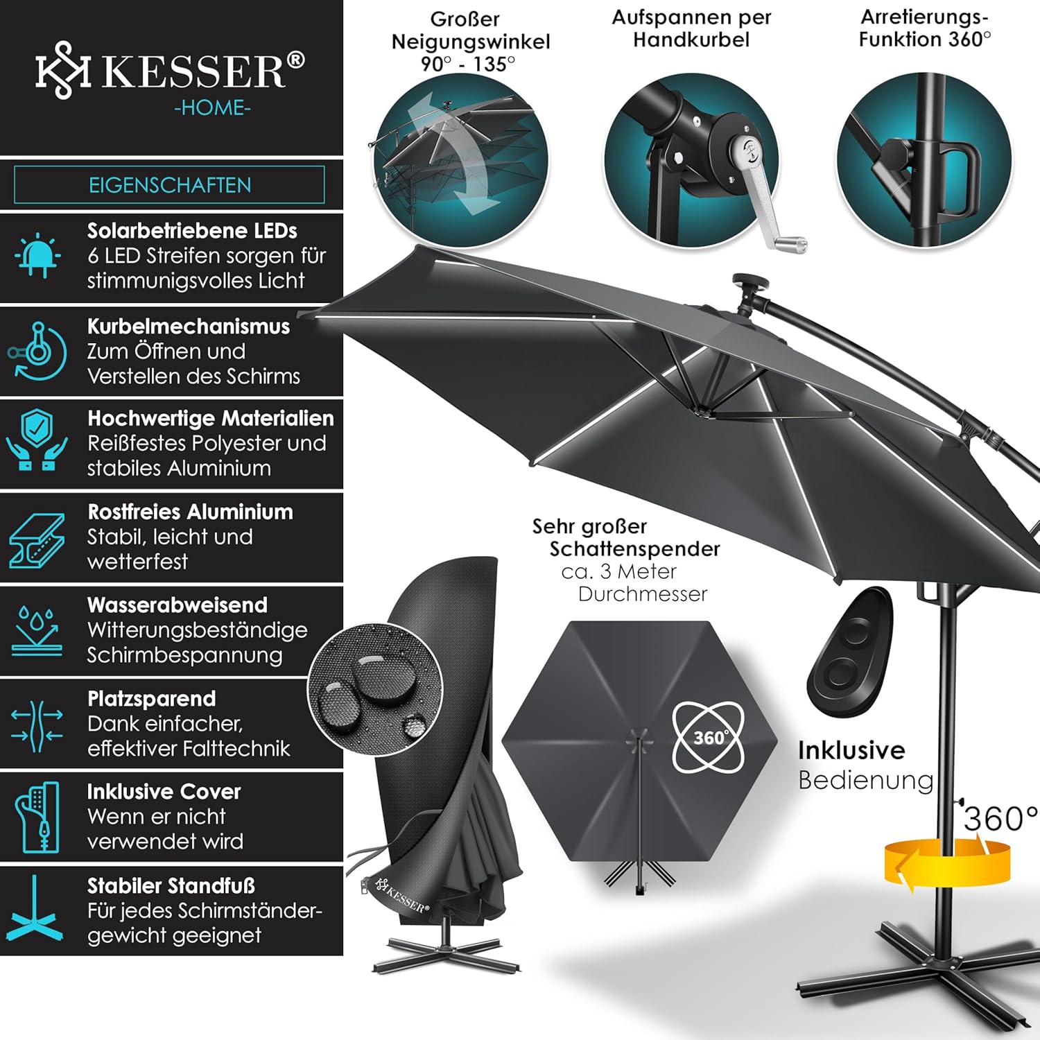 KESSER Alu Ampelschirm LED Solar 360° UV‑Schutz wasserabweisend