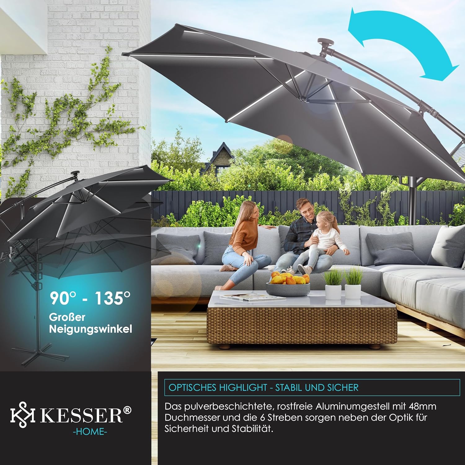 KESSER Alu Ampelschirm LED Solar 360° UV‑Schutz wasserabweisend