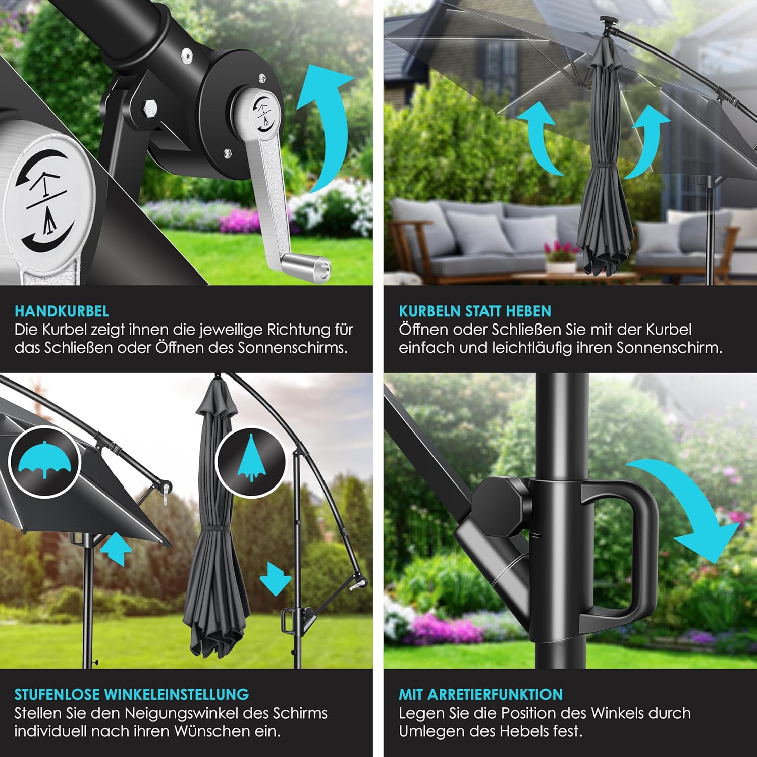 KESSER Alu Ampelschirm LED Solar 360° UV‑Schutz wasserabweisend