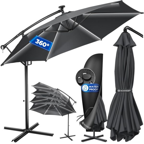 KESSER Alu Ampelschirm LED Solar 360° UV‑Schutz wasserabweisend