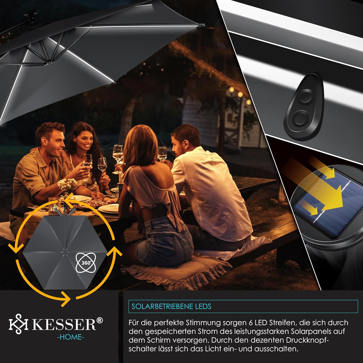 KESSER Alu Ampelschirm LED Solar 360° UV‑Schutz wasserabweisend