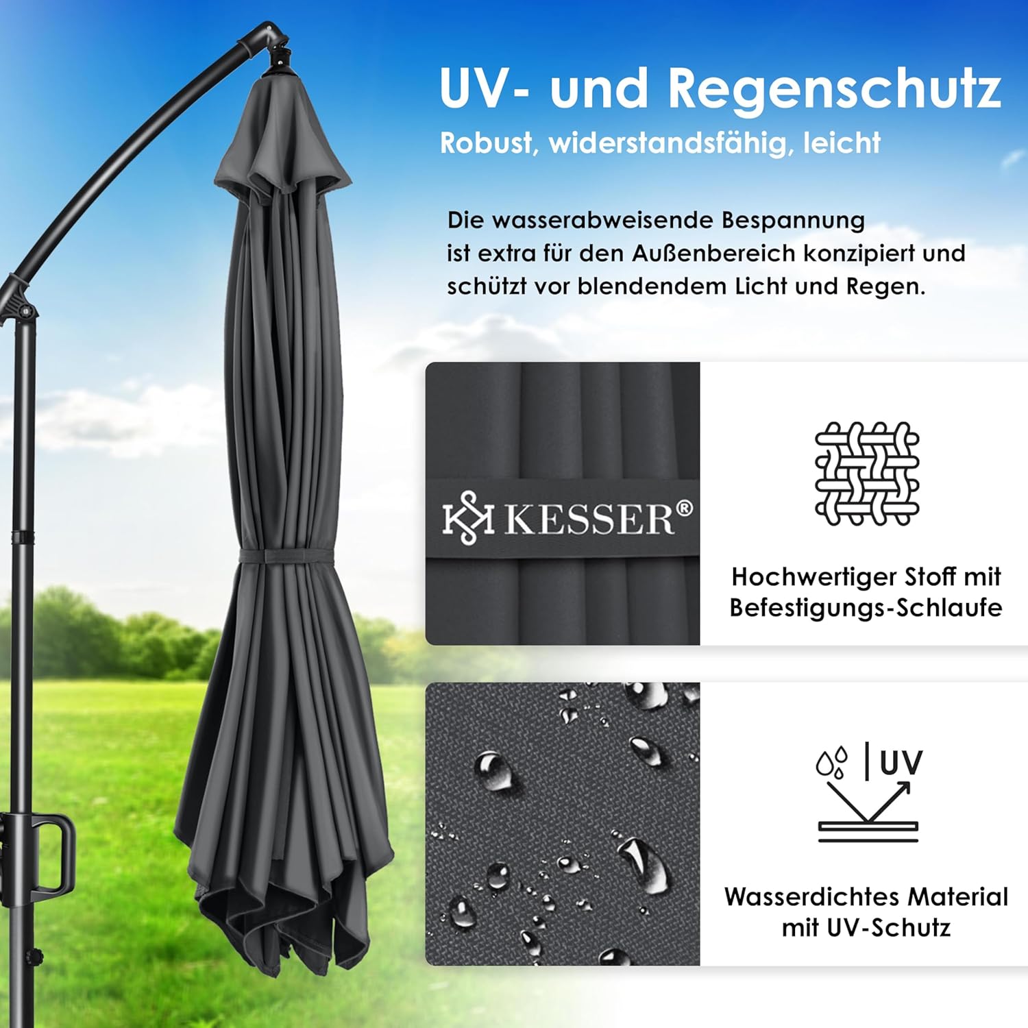 KESSER Alu Ampelschirm LED Solar 360° UV‑Schutz wasserabweisend