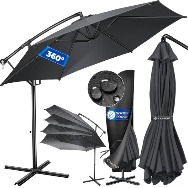 KESSER® Alu Ampelschirm Ø350 – UV‑Schutz, wasserabweisend, 360°, Kurbel