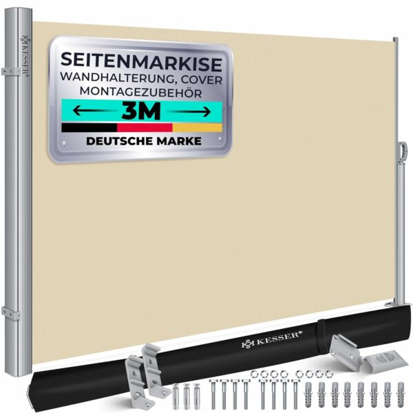 **KESSER® Alu‑Seitenmarkise ausziehbar, blickdicht, Aufrollautomatik, Regencover**