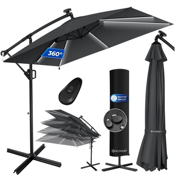 KESSER Ampelschirm Holly – Solar‑LED, Kurbel‑Mechanik, UV‑Schutz, Ø350 cm, Anthrazit