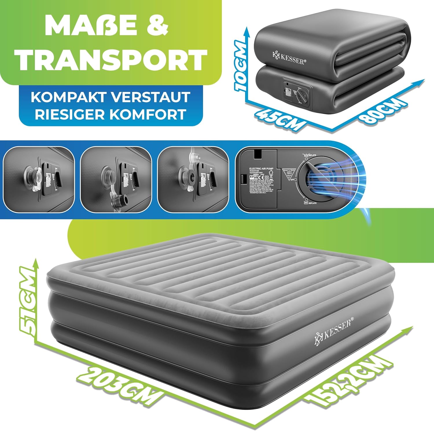 KESSER® Aufblasbare Matratze – Selbstaufblasend, mit elektr. Pumpe, 2‑Personen, Tasche