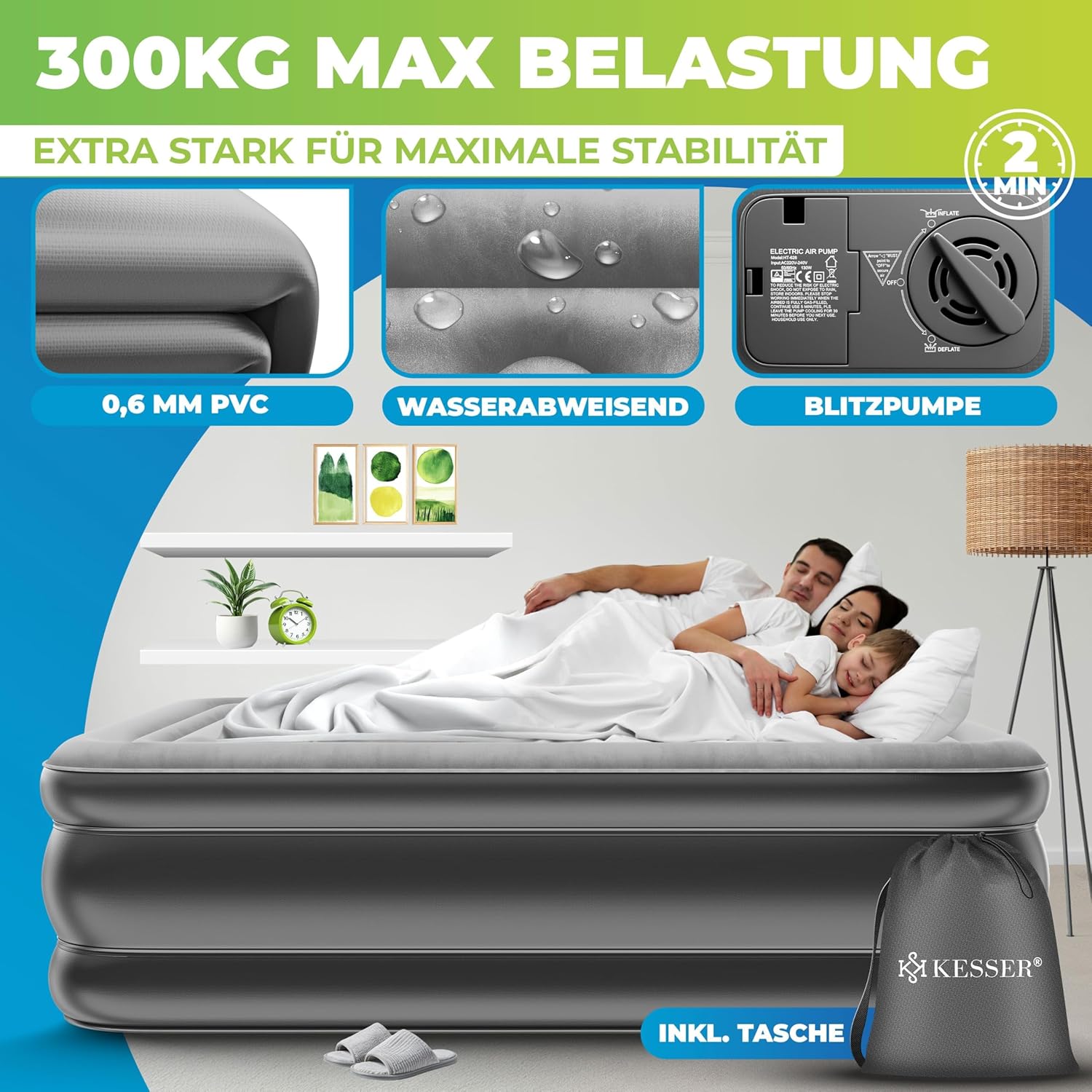 KESSER® Aufblasbare Matratze – Selbstaufblasend, mit elektr. Pumpe, 2‑Personen, Tasche