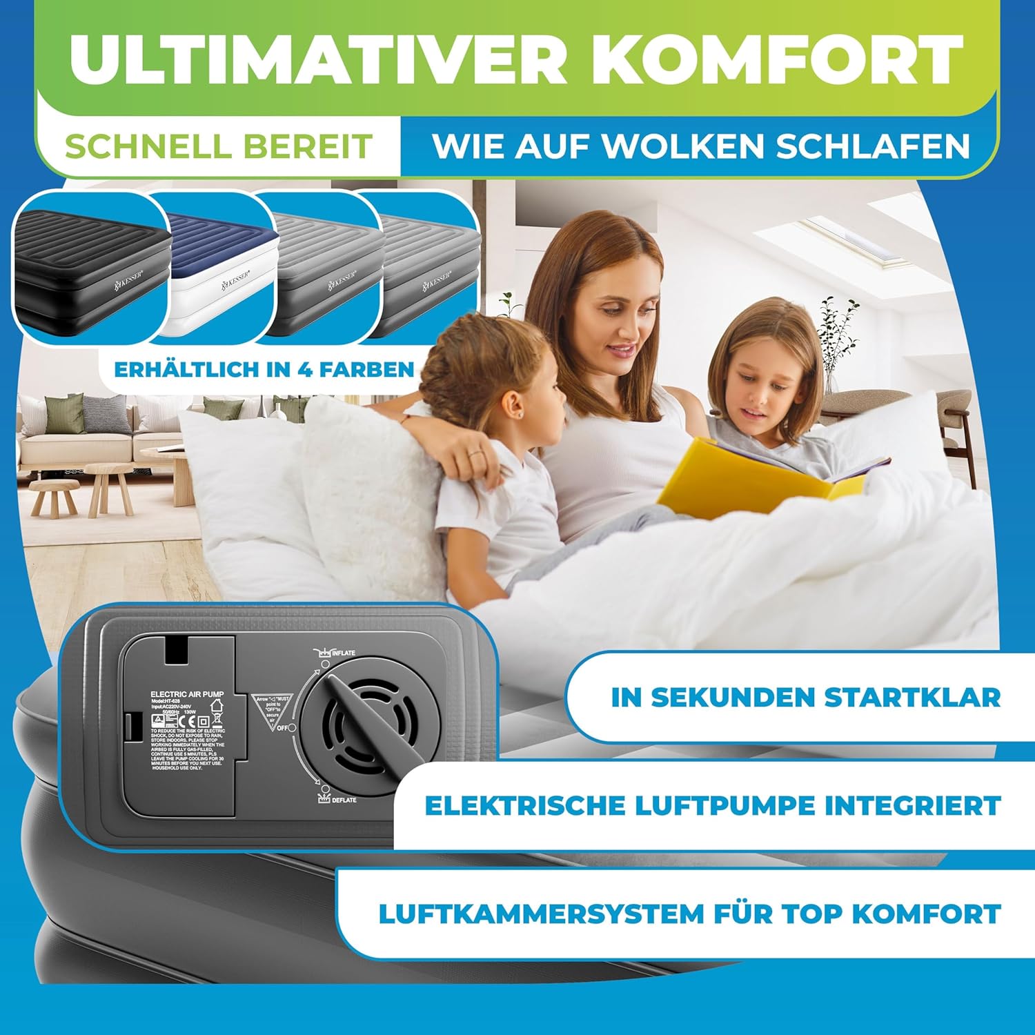 KESSER® Aufblasbare Matratze – Selbstaufblasend, mit elektr. Pumpe, 2‑Personen, Tasche