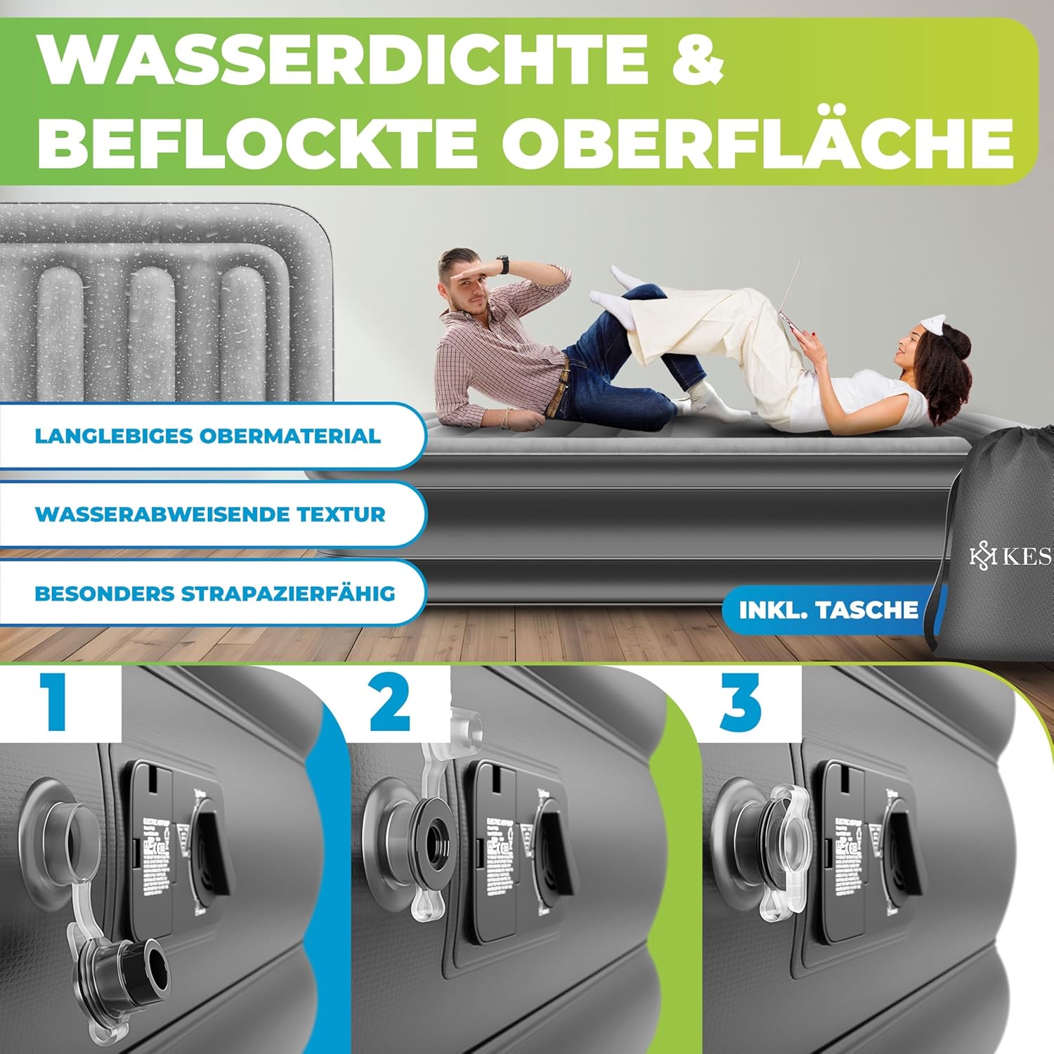 KESSER® Aufblasbare Matratze – Selbstaufblasend, mit elektr. Pumpe, 2‑Personen, Tasche
