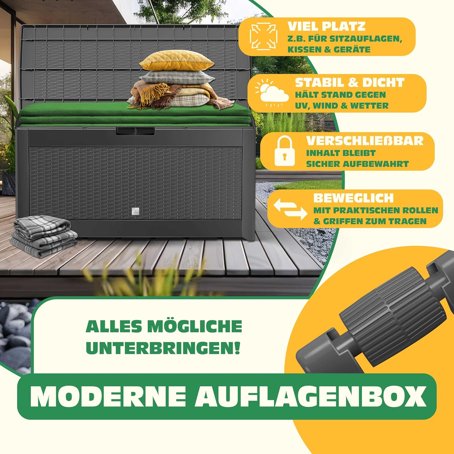 KESSER® Auflagenbox 310 L Rollen klappbarer Deckel Rattanoptik