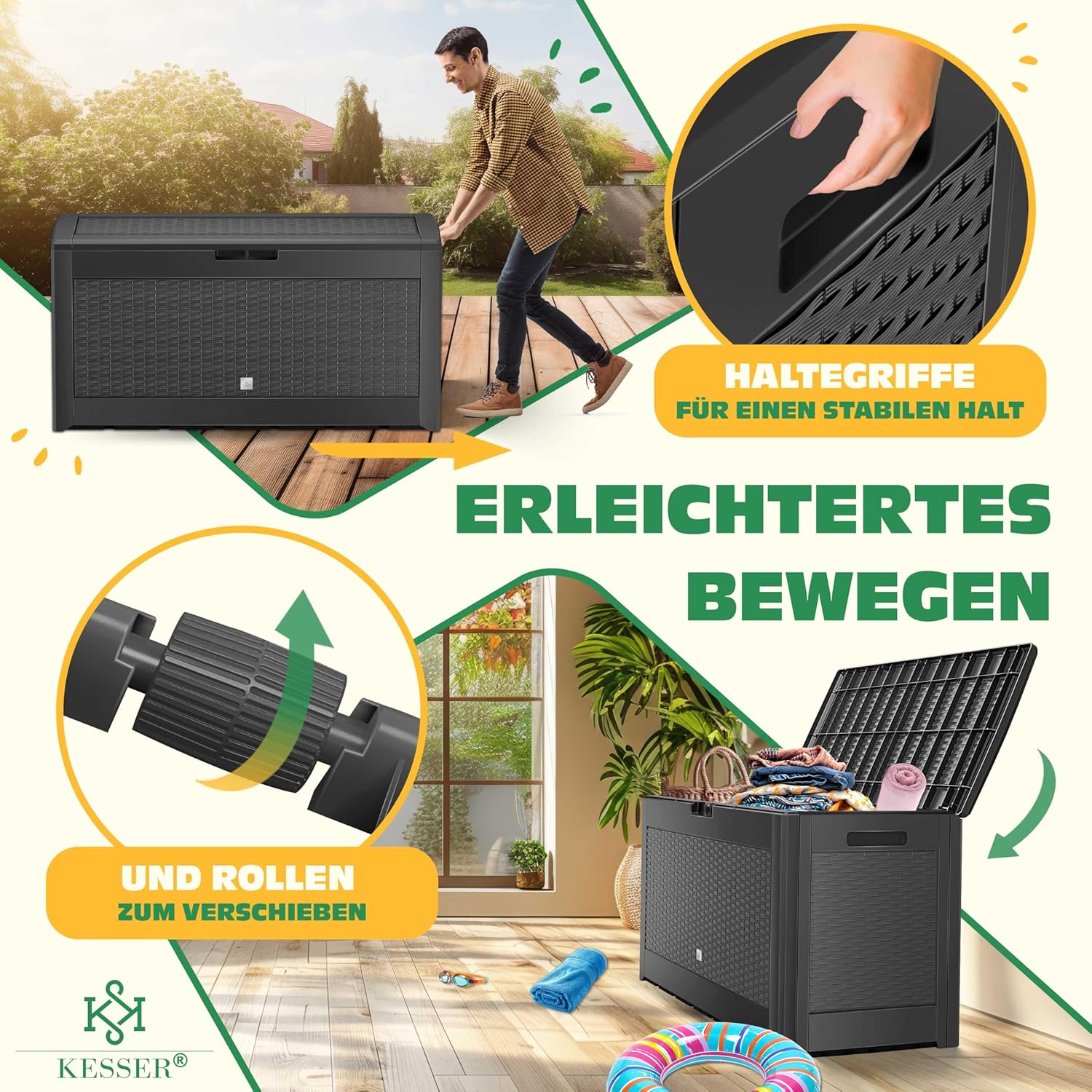 KESSER® Auflagenbox 310 L Rollen klappbarer Deckel Rattanoptik