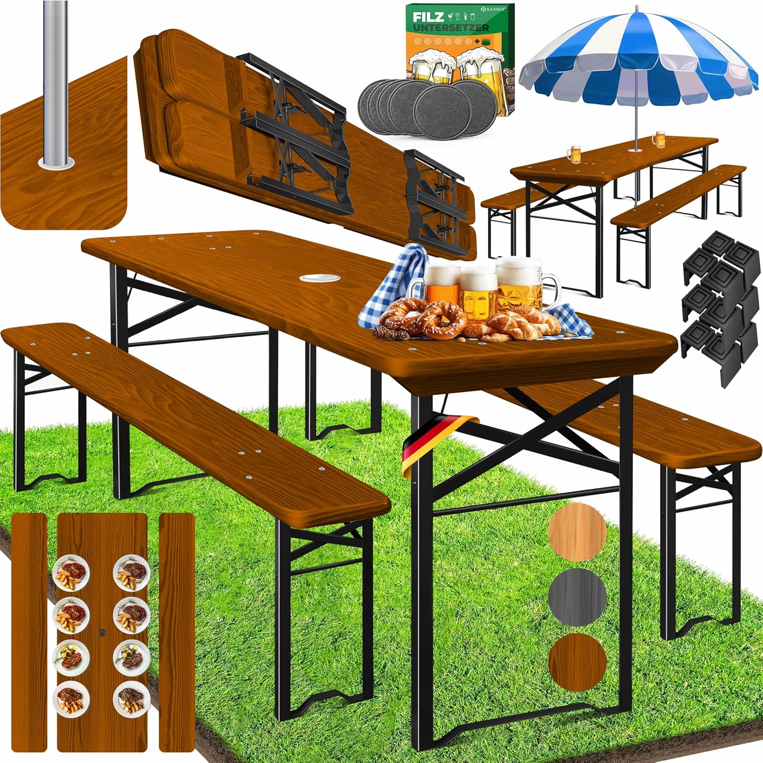 KESSER Bierzeltgarnitur 3‑teilig klappbar aus Holz inkl. Bodenschoner