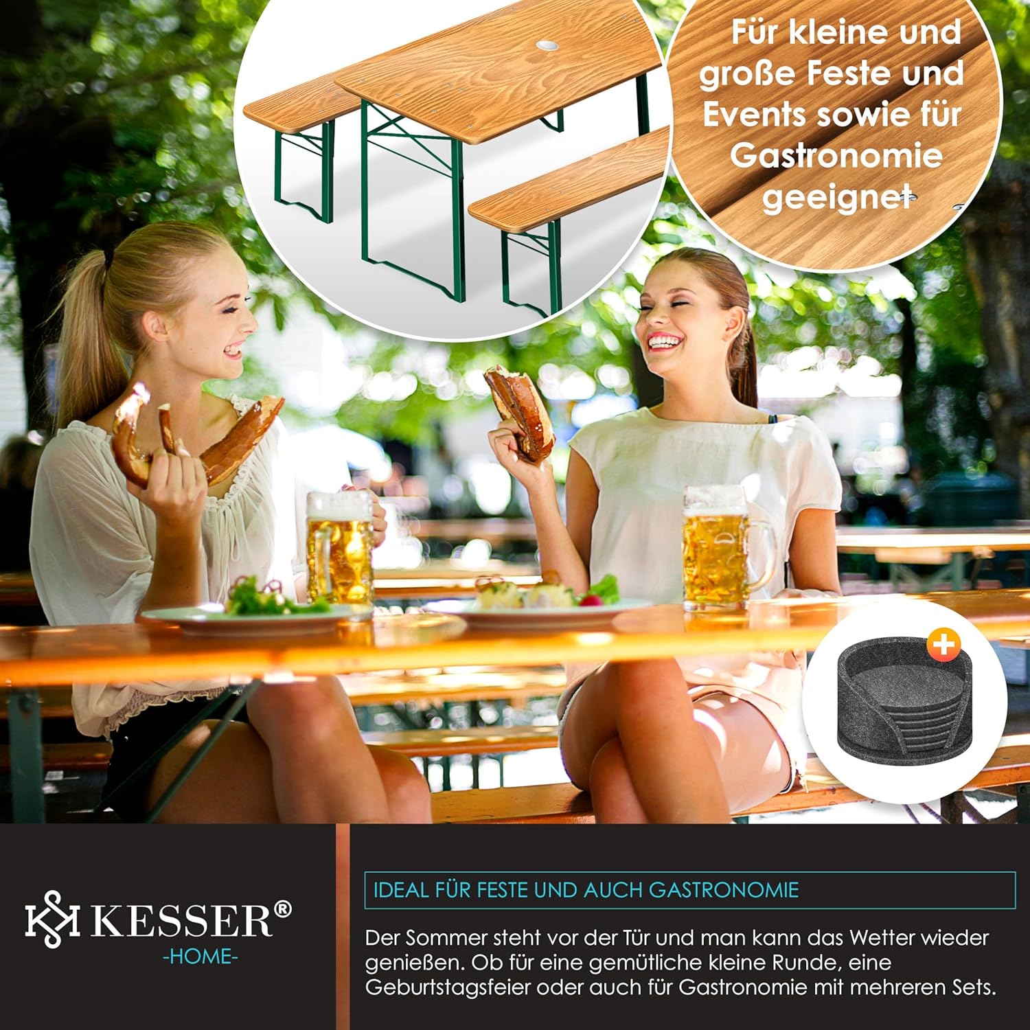 KESSER Bierzeltgarnitur 3‑teilig klappbar aus Holz inkl. Bodenschoner