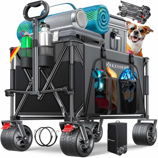 KESSER® Bollerwagen 200 kg, 300 L, 360°‑Rollen mit Feststellbremse, faltbar & witterungsbeständig