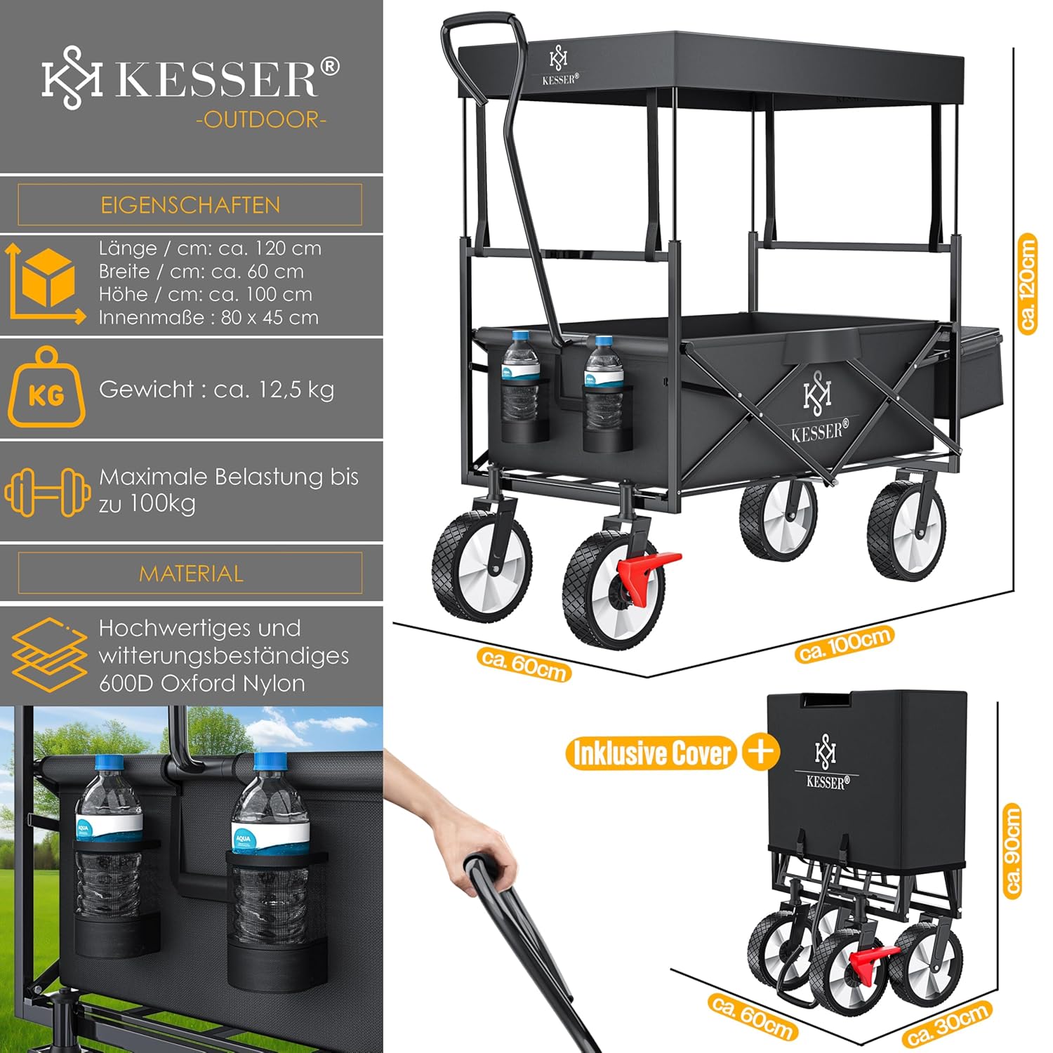 KESSER® Bollerwagen faltbar 360° drehbare Vorderräder Vollgummi‑Reifen XXL Außentasche