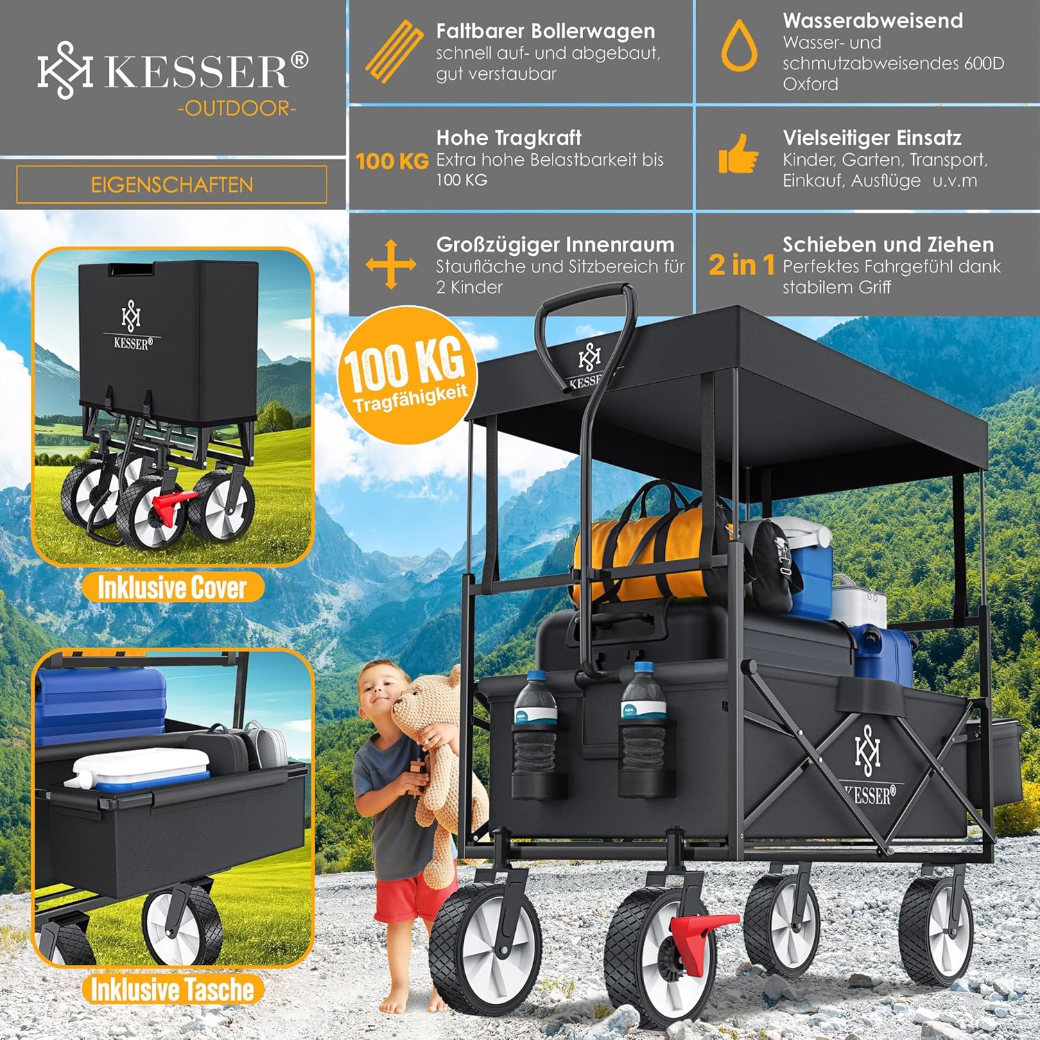 KESSER® Bollerwagen faltbar 360° drehbare Vorderräder Vollgummi‑Reifen XXL Außentasche