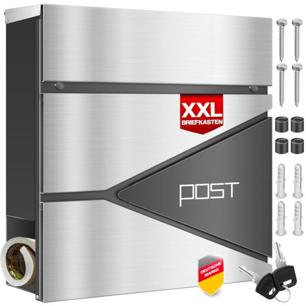 KESSER® Briefkasten Edelstahl Wandmontage, 2‑fach abschließbar, Zeitungsfach
