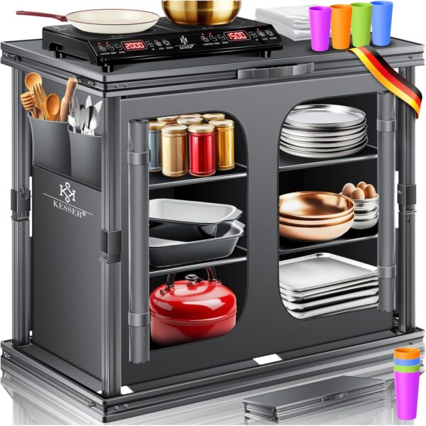 KESSER® Camping Küche faltbar 84x80 cm, Aluminiumgestell, 6 Fächer, Fliegengitter