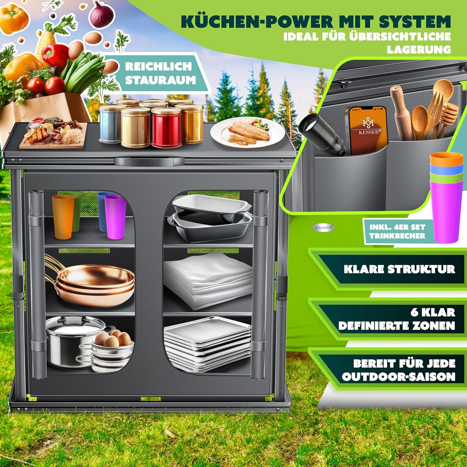 KESSER® Camping Küche faltbar 84x80 cm, Aluminiumgestell, 6 Fächer, Fliegengitter