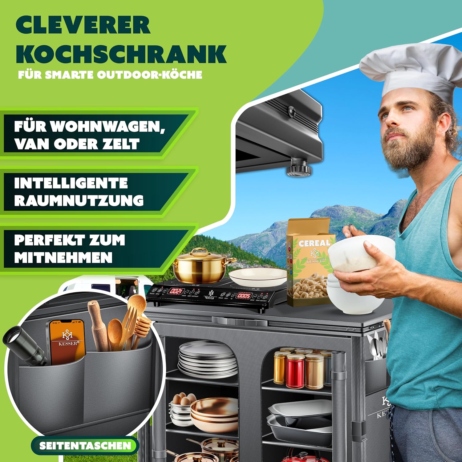 KESSER® Camping Küche faltbar 84x80 cm, Aluminiumgestell, 6 Fächer, Fliegengitter
