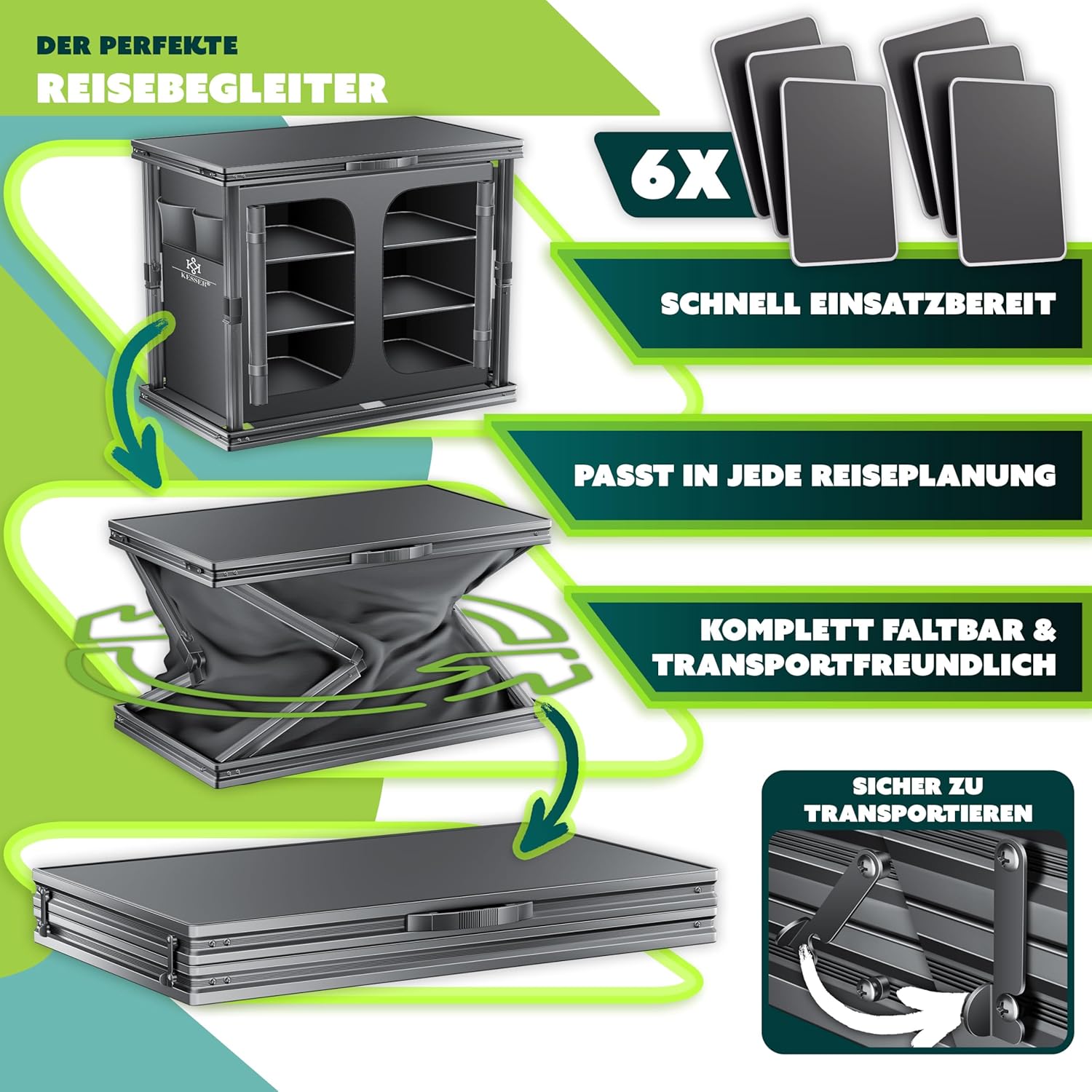 KESSER® Camping Küche faltbar 84x80 cm, Aluminiumgestell, 6 Fächer, Fliegengitter