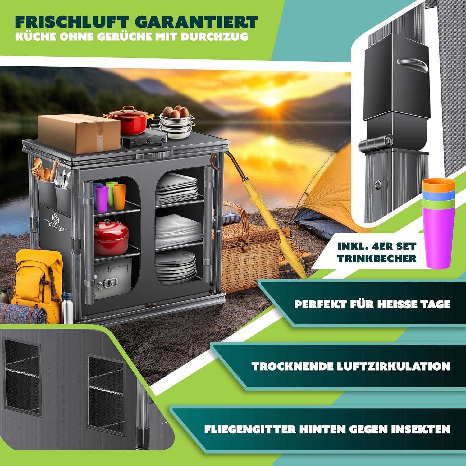 KESSER® Camping Küche faltbar 84x80 cm, Aluminiumgestell, 6 Fächer, Fliegengitter