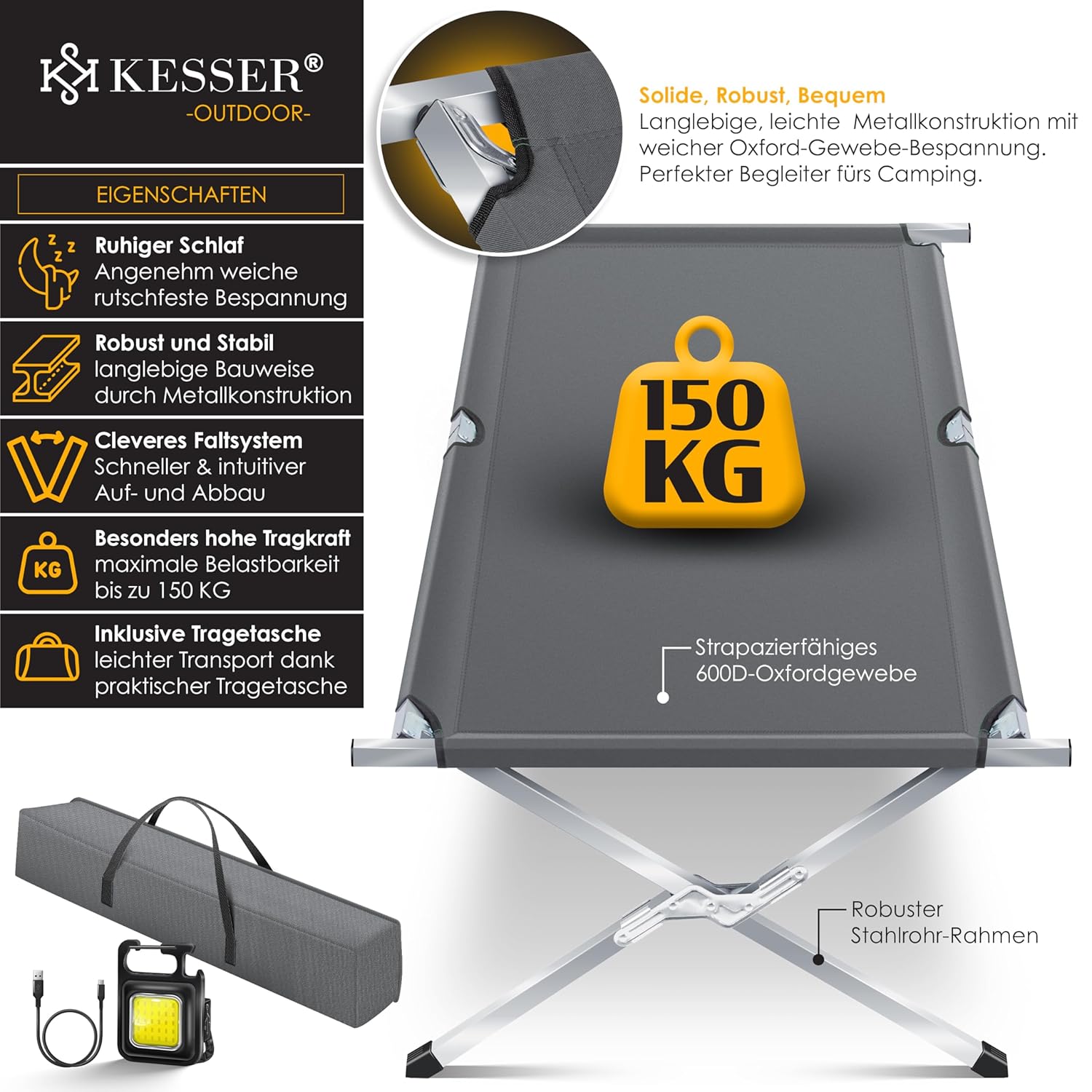 KESSER® Campingbett 190/210 cm, 150 kg, Metallrahmen, 600D Oxford