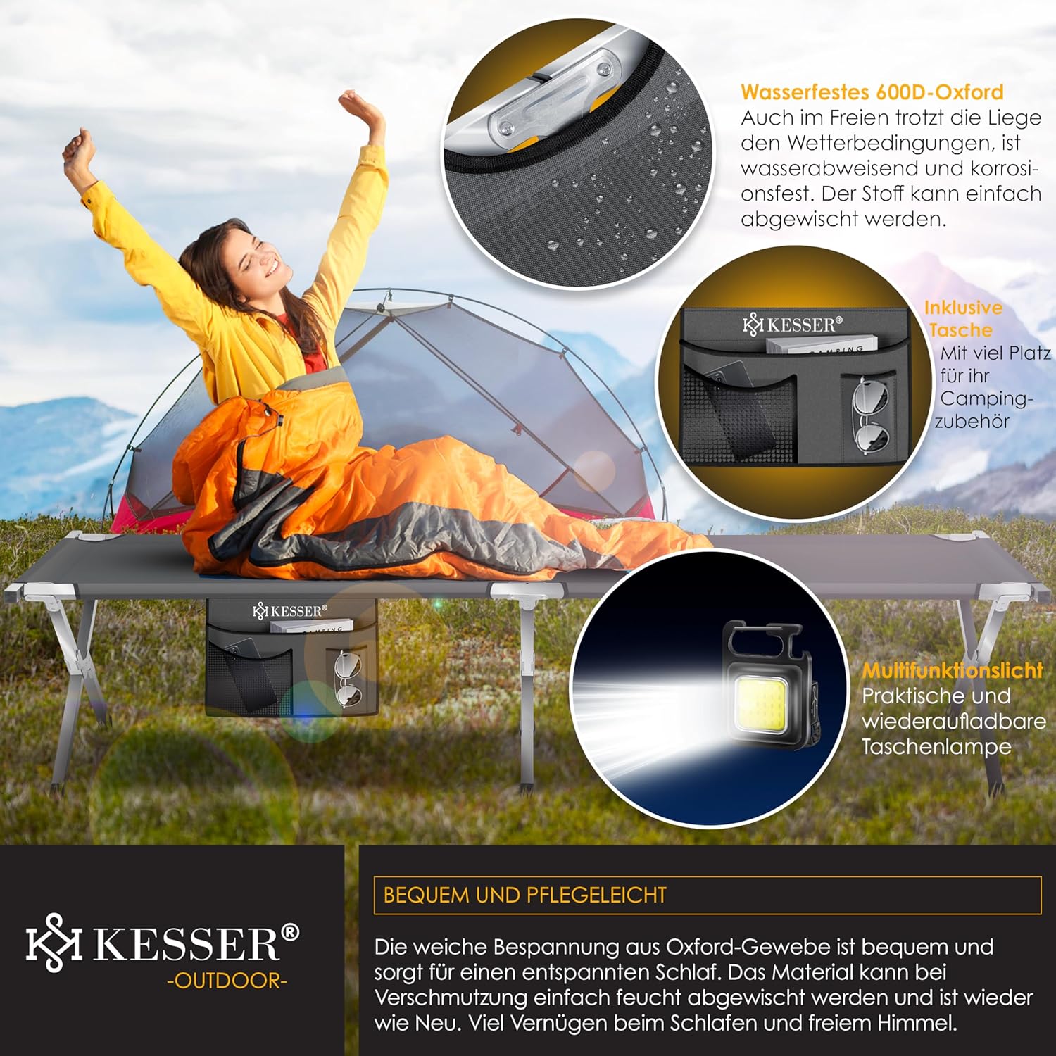 KESSER® Campingbett 190/210 cm, 150 kg, Metallrahmen, 600D Oxford