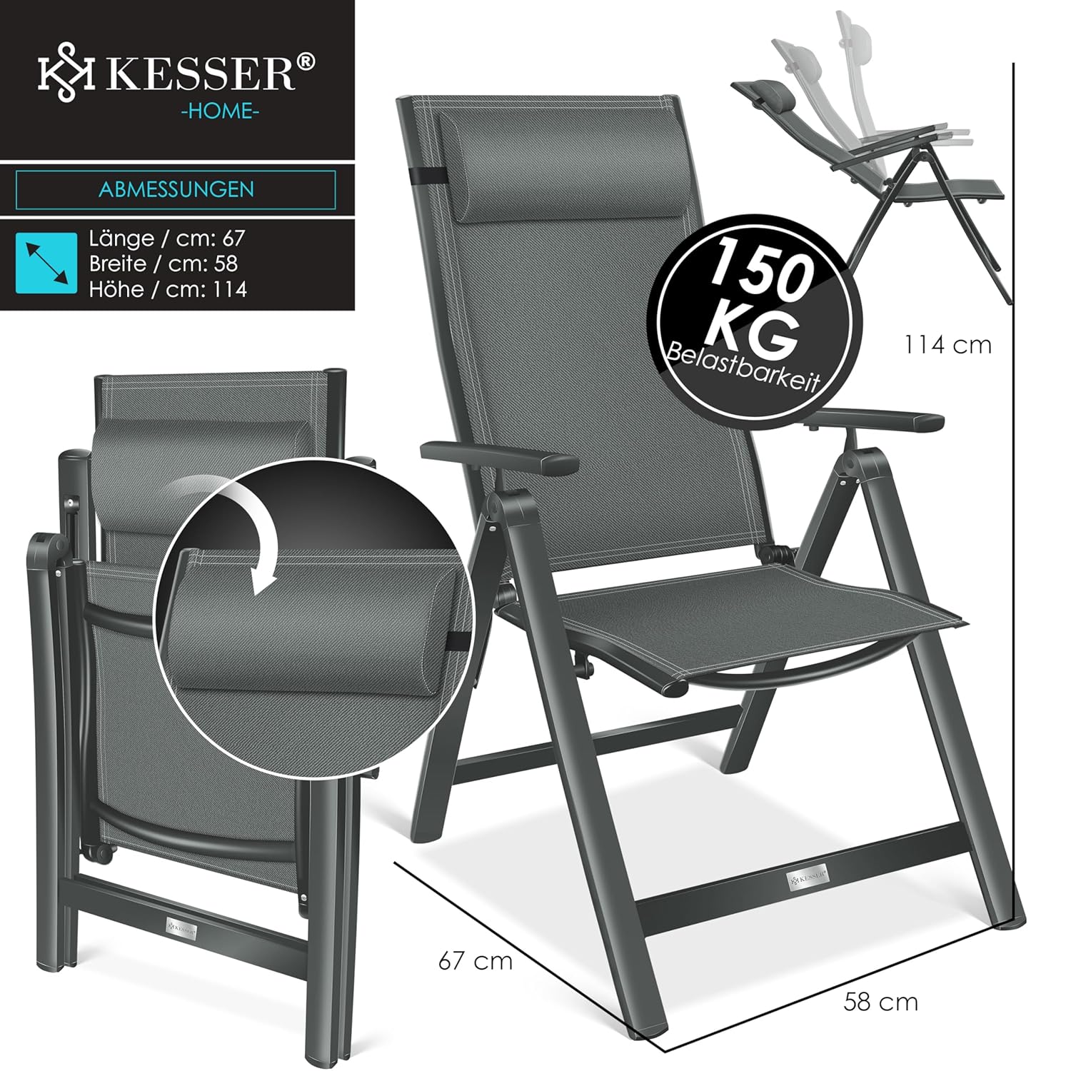 KESSER® Campingstuhl Hochlehner, Armlehnen, 7‑fach verstellbare Rückenlehne, wetterfest, klappbar
