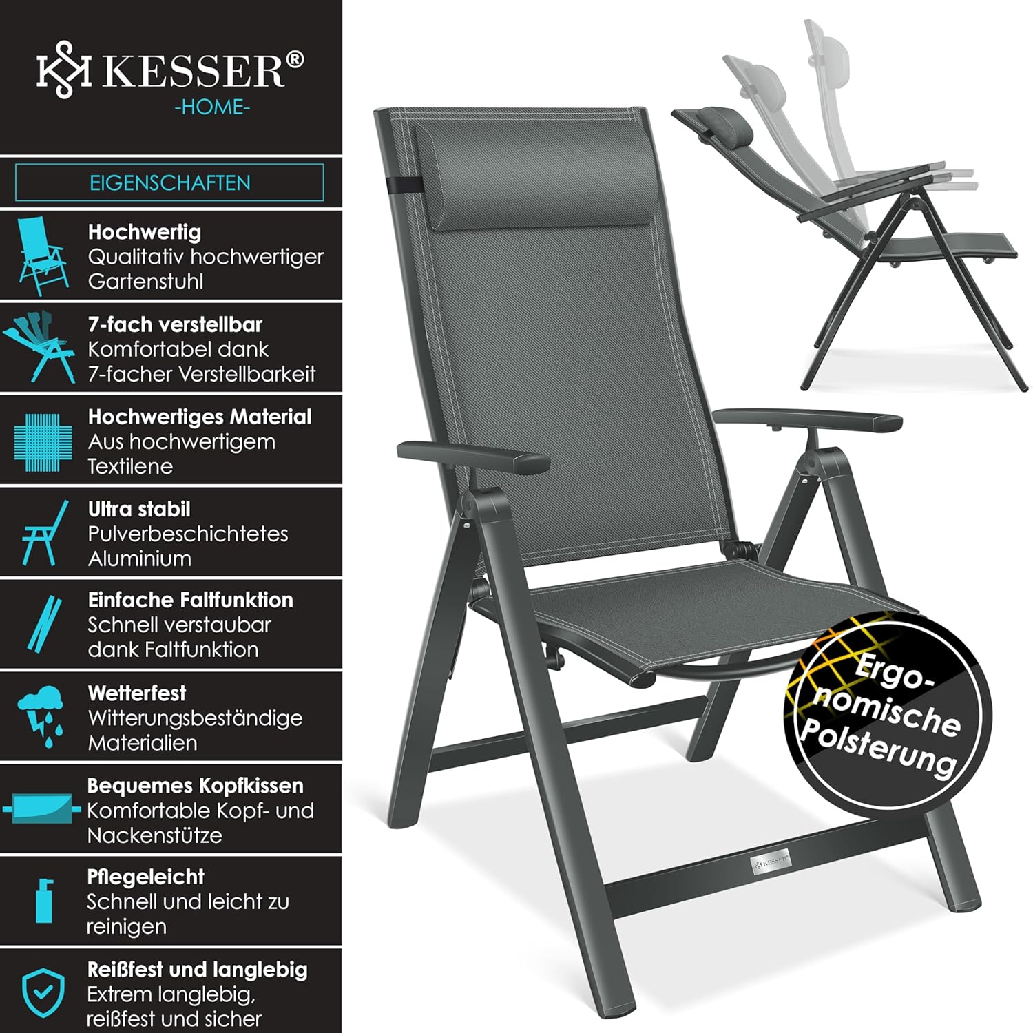KESSER® Campingstuhl Hochlehner, Armlehnen, 7‑fach verstellbare Rückenlehne, wetterfest, klappbar