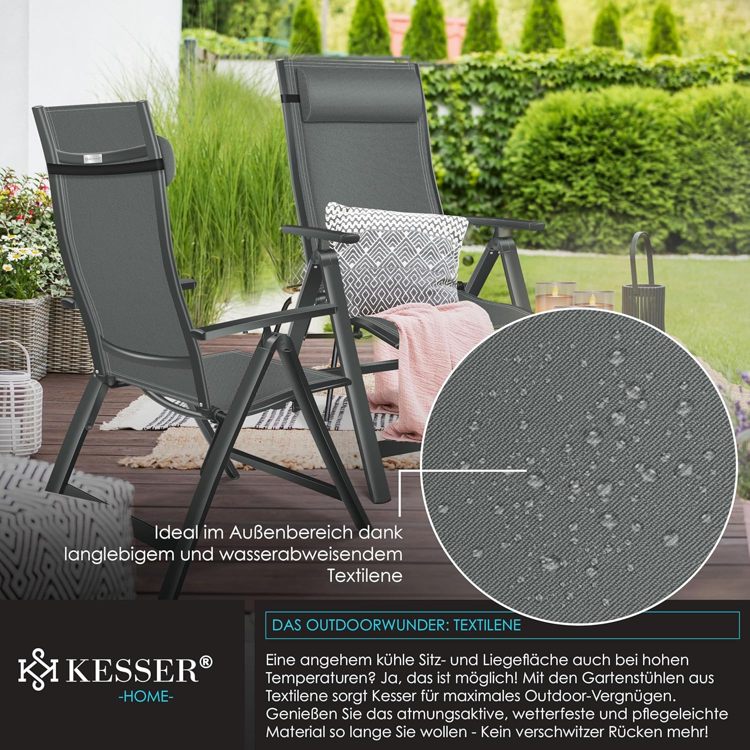 KESSER® Campingstuhl Hochlehner, Armlehnen, 7‑fach verstellbare Rückenlehne, wetterfest, klappbar