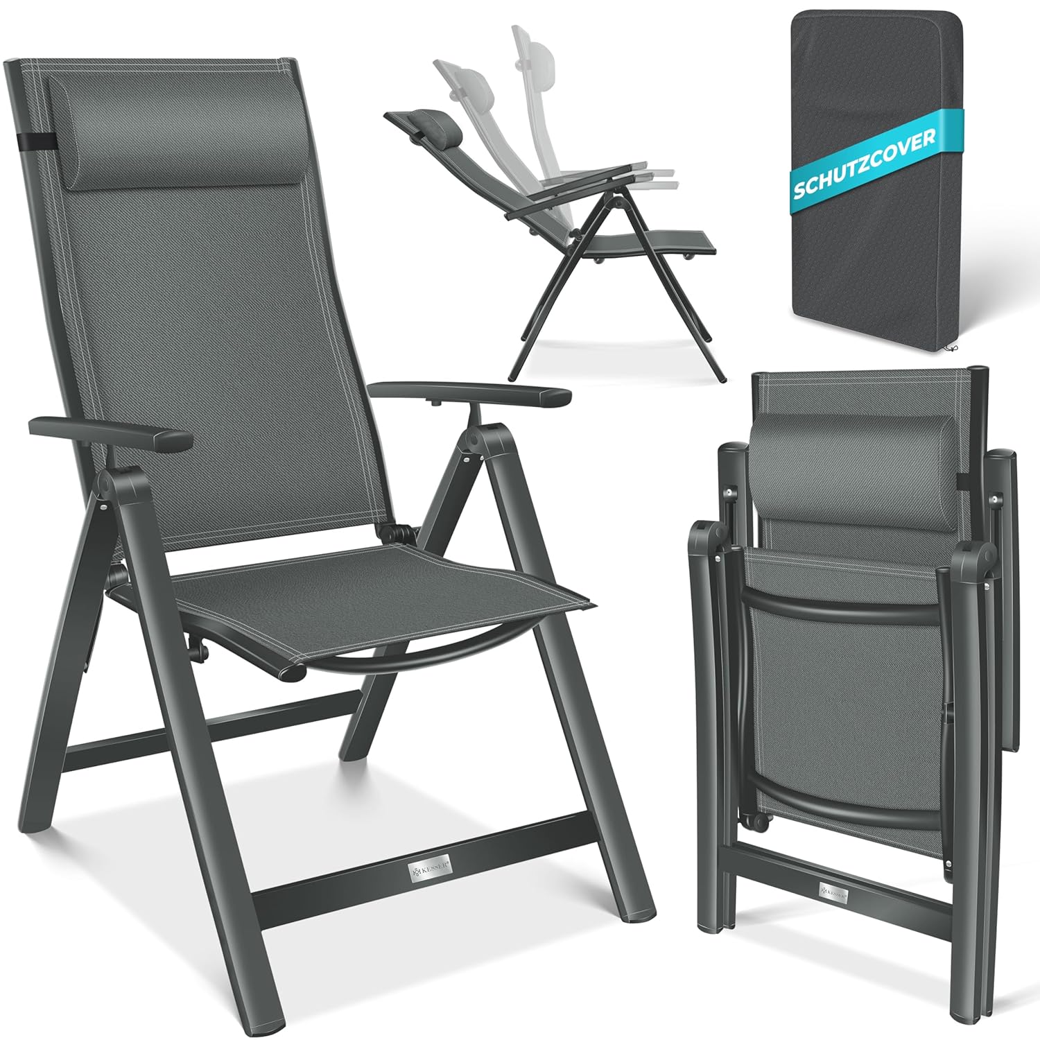 KESSER® Campingstuhl Hochlehner, Armlehnen, 7‑fach verstellbare Rückenlehne, wetterfest, klappbar